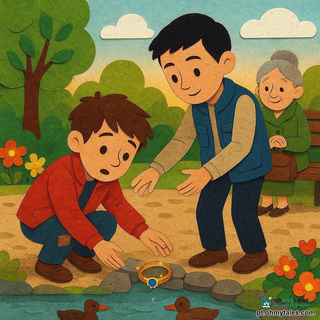 Há 3 personagens: menino de ~8 anos, cabelos castanhos desgrenhados, jaqueta vermelha, joelhos um pouco sujos, agachado à esquerda em primeiro plano junto ao pequeno lago, estendendo a mão direita para uma pequena pulseira dourada e azul presa entre duas pedras; menino de ~9 anos, cabelos pretos curtos, colete azul com bolsos, em pé ligeiramente atrás e à direita, inclinando-se para ajudar e segurando a mão do primeiro para apoiá‑lo; mulher idosa de ~70 anos (não "menina"), cabelos grisalhos em coque suave, casaco verde-oliva e bolsa marrom, sentada num banco ao fundo à direita, mãos juntas e olhar emocionado para a pulseira brilhante. Local: pequeno parque urbano com um lago redondo de pedras lisas, musgo, patos estilizados na água, banco de madeira gasto, árvores e flores em recortes de papel, caminho de pedrinhas texturizado, céu azul claro com nuvens de papel crepom. Situação: descoberta e restituição — a pulseira brilha entre pedras; os dois meninos colaboram para recuperá‑la; a mulher aguarda emocionada; luz quente do pôr do sol faz o metal cintilar; composição centrada nas mãos estendidas e na pulseira. Estilo visual: colagem em papel com texturas visíveis (papel rasgado, camadas sobrepostas, costuras desenhadas), cores vivas e contrastantes, contornos levemente recortados, sombras suaves à guache, expressões simples e calorosas.