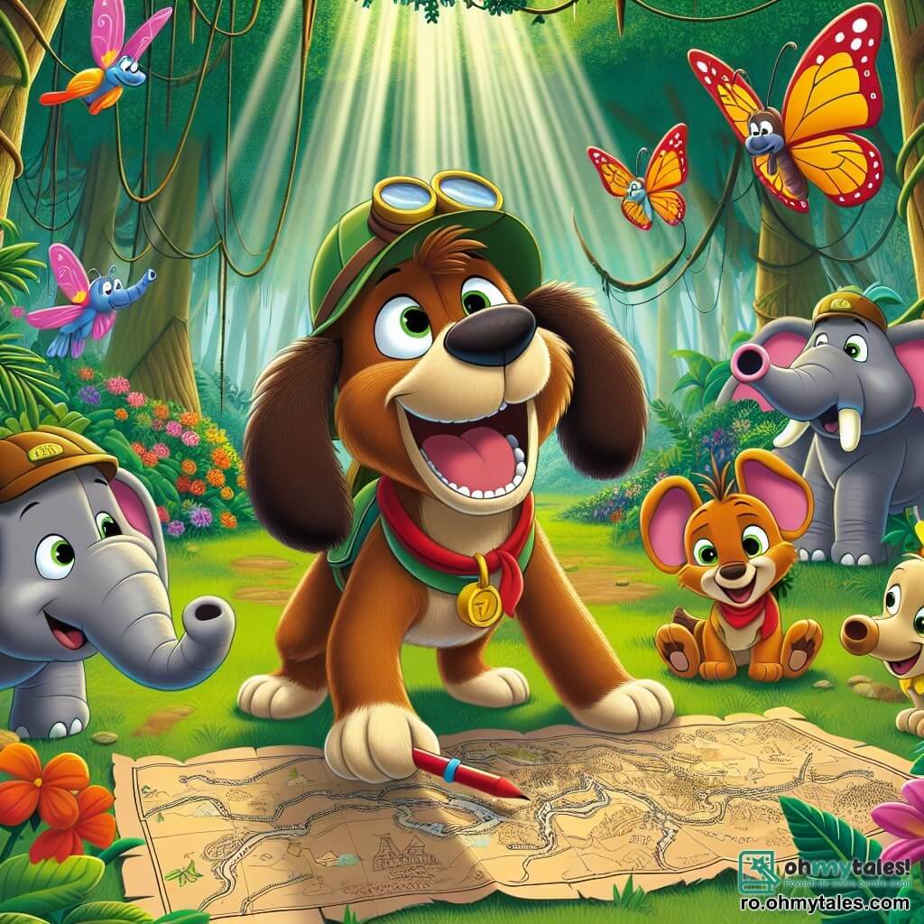 Max, un câine aventurier cu blană brună și urechi mari, poartă o mică pălărie de explorator și zâmbește cu entuziasm. El arată cu degetul o hartă desenată pe pământ, înconjurat de prietenii săi animale. Pico, un fluture colorat, zboară în jurul lui Max râzând, în timp ce Bombo, un elefant prietenos cu trompa ridicată, bate tobele în ritm, creând o atmosferă festivă. Scena se desfășoară într-o junglă luxuriantă, plină de copaci mari cu frunze verzi strălucitoare, flori colorate și liane suspendate, unde razele soarelui pătrund prin frunzișul dens. Max și prietenii săi s-au adunat pentru a planifica construirea unui parc de distracții secret, cu râsete și idei nebune, creând o atmosferă veselă și plină de energie.