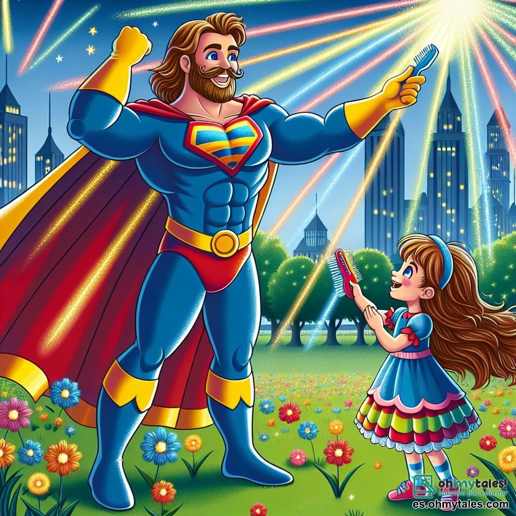 Un superhéroe llamado Brillo, un hombre alto y musculoso, lleva un traje brillante de azul, rojo y amarillo, con una capa flotante. Tiene una gran sonrisa alegre en su rostro, levantando los brazos hacia el cielo, haciendo brillar luces de colores a su alrededor. A su lado, Luzia, una niña de 8 años, con largos cabellos marrones y ojos brillantes, lleva un vestido colorido y sostiene un pincel en su mano. Ella mira a Brillo con asombro, de pie sobre la hierba verde del parque. El parque está lleno de flores brillantes y árboles majestuosos, bajo un cielo azul claro, donde los niños ríen y juegan. La situación principal muestra a Brillo iluminando el parque con luces centelleantes, trayendo alegría y felicidad a todos los niños a su alrededor.