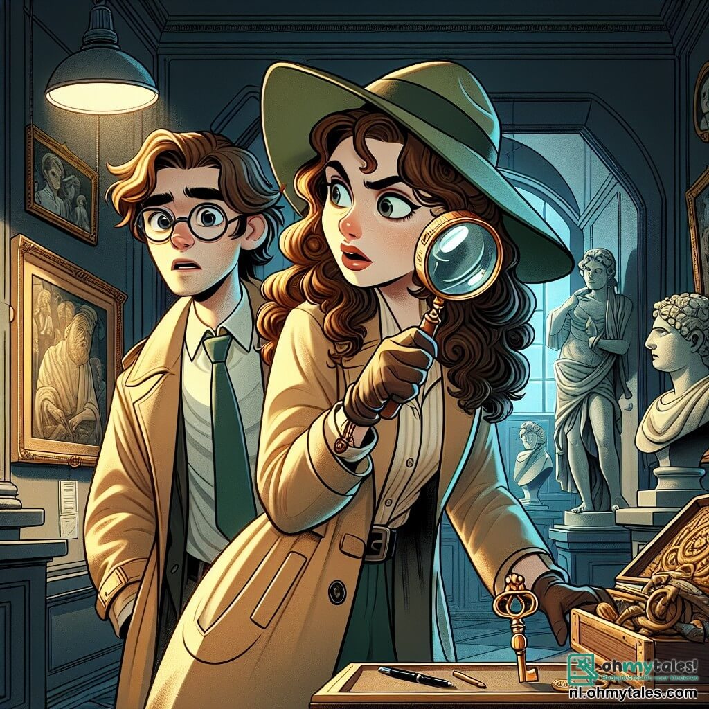 Mira, een vrouwelijke detective met lange, krullende haren en een lichte huid, draagt een grote groene hoed en een beige trenchcoat. Ze heeft een vastberaden en nieuwsgierige blik, terwijl ze een vergrootglas in haar hand houdt en aandachtig een geheime kamer in het museum onderzoekt. Naast haar staat Alex, een jonge man van ongeveer 25 jaar met rommelig bruin haar en ronde bril, die met verbazing naar de scène kijkt. Hij houdt een notitieboek en een pen vast, klaar om aantekeningen te maken over het onderzoek. Hun omgeving is een donkere en mysterieuze kamer, gevuld met oude kunstwerken, marmeren beelden en schilderijen aan de muren. Een gedimde verlichting verlicht de Gouden Sleutel, die schittert op een tafel in het midden van de kamer. De hoofdscène toont Mira die de Gouden Sleutel ontdekt, verborgen achter een oude kast, terwijl Alex, verrast, zich realiseert dat ze op het punt staan het mysterie van de verdwijning van de sleutel op te lossen.