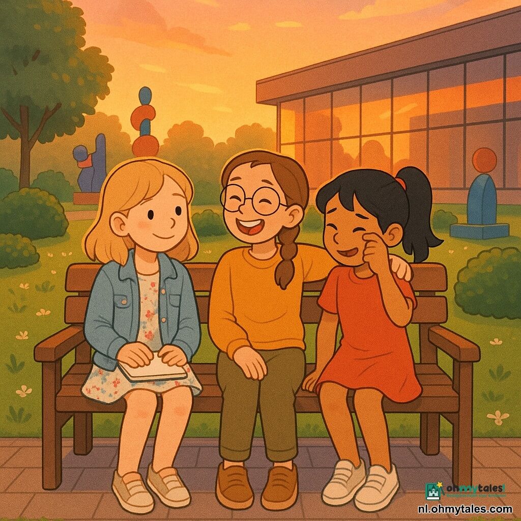 Drie meisjes op een houten bank in een museumtuin bij schemer: Lotte (≈11) met halflang golvend blond haar, lichte spijkerjas en bloemenjurk links, glimlacht naar de zon en houdt een schetsboek; Eva (≈10) met bruine vlecht en ronde bril in het midden, mosterdtrui en kaki broek, lacht naar haar vriendinnen; Noor (≈9) rechts, zwarte paardenstaart, rode jurk en witte sneakers, veegt een traan weg en begint te glimlachen; gouden schemerlicht, lange schaduwen, groene gazon met kleine witte bloemen, gesnoeide struiken en kleurrijke beelden op de achtergrond, kalme, warme sfeer met steunzame gebaren en zachte, pastelkleuren in een frisse lijnvoering.