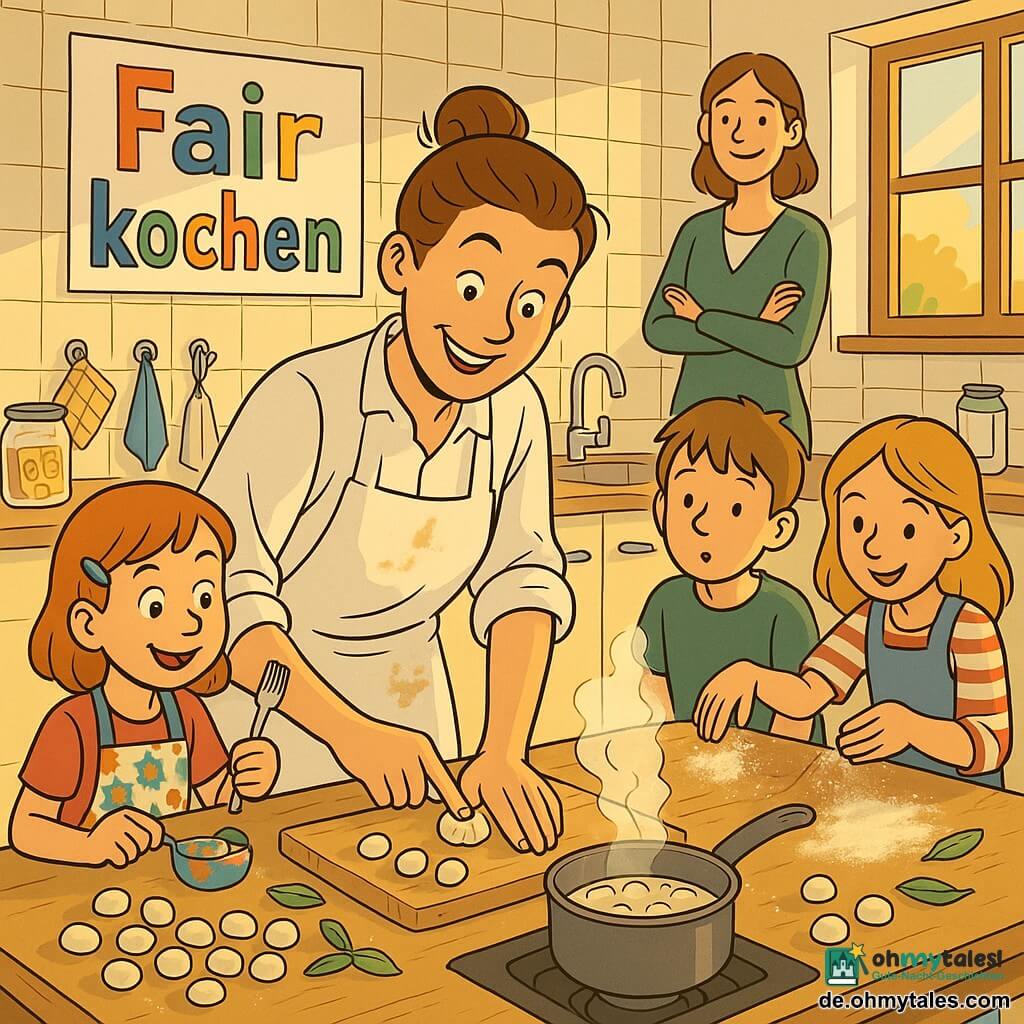 Eine lächelnde, konzentrierte Chefköchin mit braunem Dutt und weißer mehlbefleckter Schürze formt auf einem Holzbrett sanft Gnocchi; drei Kinder in bunten Schürzen (Mädchen ca. 9, Junge ca. 8, Mädchen ca. 10) stehen um den Tisch, das 9-jährige Mädchen hält eine Gabel und imitiert das Rillen, der Junge beobachtet den kochenden Topf, das 10-jährige Mädchen streut etwas Mehl; im Hintergrund eine lächelnde Lehrerin (ca. 35) mit verschränkten Händen vor einem großen Tafelbild mit dem Schriftzug Fair kochen als einfache, bunte Tafel; helle, großzügige Schulküche mit langen Holztischen, cremefarbenen Fliesen, großen Wasserhähnen, Regalen mit Vorratsgläsern, aufgehängten Tüchern und einem großen Fenster mit warmem Spätnachmittagslicht; im Vordergrund ein dampfender Topf, mehlige Krümel und einige frische Salbeiblätter, lebhafte, warme und ordentliche Atmosphäre.