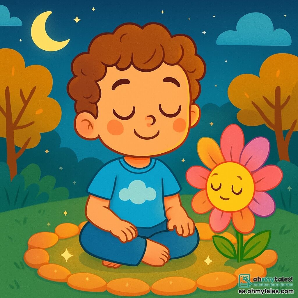 Un niño de 4 años, llamado Tomás, con grandes ojos brillantes y una sonrisa suave, está sentado en el centro de un círculo de piedras luminosas. Tiene el cabello rizado y castaño claro, y lleva una camiseta azul con un diseño de nubes. Respira profundamente, con las manos en las rodillas, y su rostro expresa una serenidad alegre. A su lado, una flor mágica de pétalos coloridos, en tonos de rosa, amarillo y violeta, se abre lentamente, emitiendo una luz suave y cálida. El lugar es un jardín encantado, bañado en una suave luz lunar. Las piedras del círculo brillan como estrellas, y alrededor, árboles con hojas doradas bailan suavemente al viento. La escena muestra a Tomás respirando profundamente, rodeado por la luz de la flor, mientras se prepara para entrar en un mundo de sueños pacíficos. Las colores son vivos y tranquilizadores, creando una atmósfera de calma y magia.