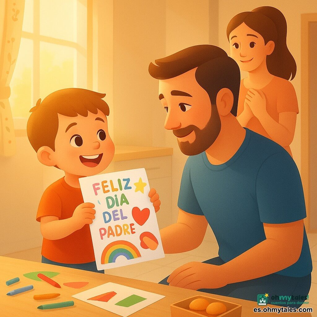 Un niño de 4 años, pelo castaño claro corto, ojos avellana, rostro regordete y sonrisa radiante sostiene orgulloso un dibujo multicolor que ofrece a su papá; está alegre, de puntillas junto a una pequeña mesa de madera. El padre, unos 35 años, de rostro amable y barba corta bien cuidada, con camiseta azul, se arrodilla emocionado con los ojos humedecidos. La madre, unos 33 años, pelo castaño largo en coleta, sonríe junto a la puerta de la cocina con las manos en el pecho. La escena transcurre en una cocina luminosa por la mañana, suelo y mesa de tonos claros, ventana con cortinas florales y luz dorada; en la mesa hay lápices de colores, papel recortado y una caja pequeña de galletas. Momento principal: el niño entrega un dibujo que dice Feliz Día del Padre, gesto tierno y festivo, ambiente cálido y familiar; estilo gráfico: formas suaves, degradados y texturas planas, paleta pastel con toques vivos en el dibujo.