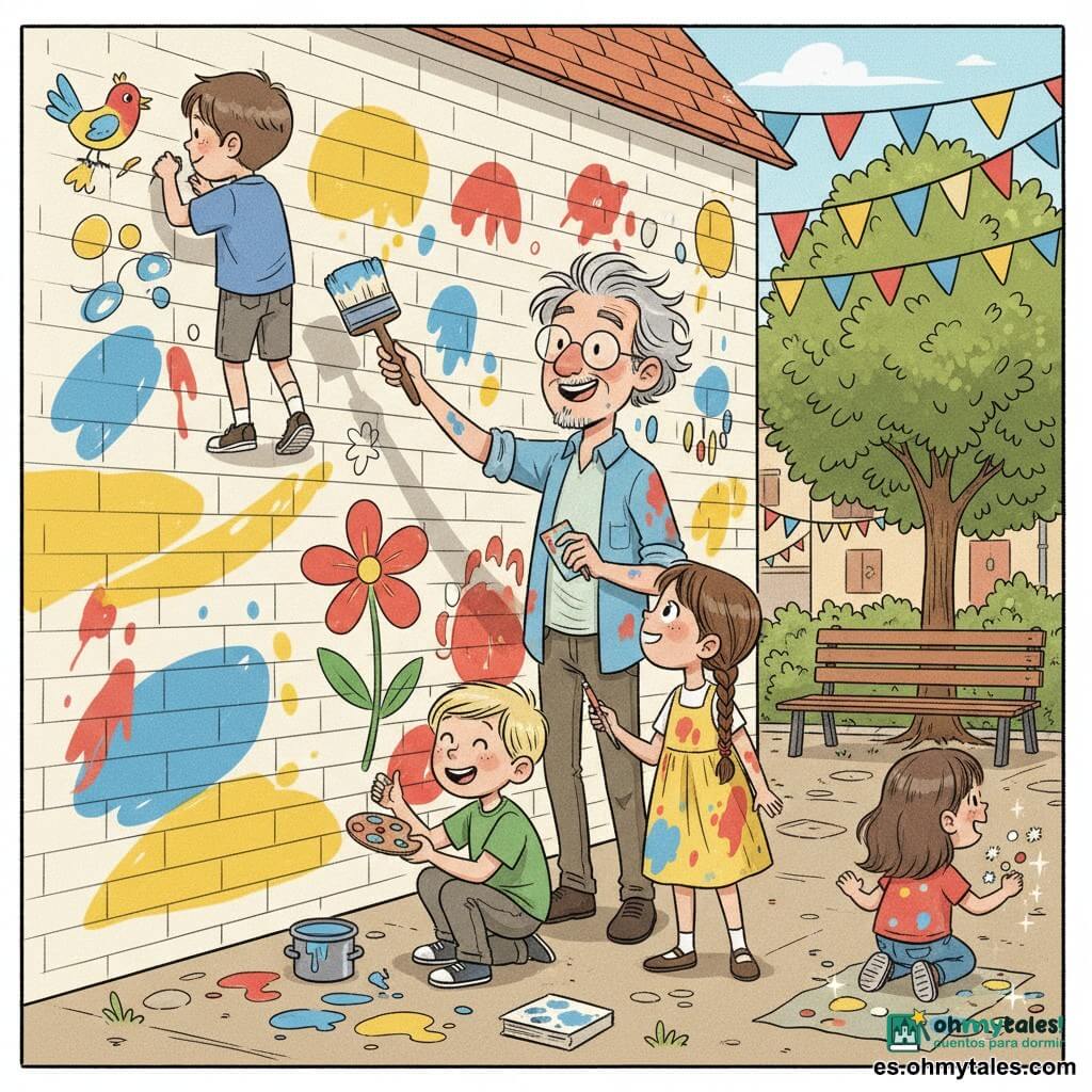 Un hombre (Pablo), cincuentón, cabello canoso despeinado y gafas redondas, sonriente, sostiene un gran pincel manchado de azul y rojo y pinta con trazos amplios el rincón de un mural; a su derecha, una niña (Clara), de unos 8 años, trenzas y vestido amarillo manchado de pintura, lo observa con admiración mientras pinta una gran flor naranja; un niño (Lucas), unos 7 años, pelo rubio corto y camiseta verde, ríe sosteniendo una pequeña paleta y está agachado junto a un bote de pintura; otros dos niños (un niño de 9 años y una niña de 6) añaden detalles: uno dibuja un pájaro colorido arriba a la izquierda y la otra pega pegatinas brillantes abajo a la derecha; el lugar es una pequeña plaza de pueblo a plena luz del día con muro de ladrillo claro, bancos de madera, un árbol y guirnaldas de banderines multicolores; la escena muestra la creación colectiva de un mural alegre con colores vivos (amarillo, azul, rojo, naranja), pinceladas visibles y ambiente cálido y colaborativo.