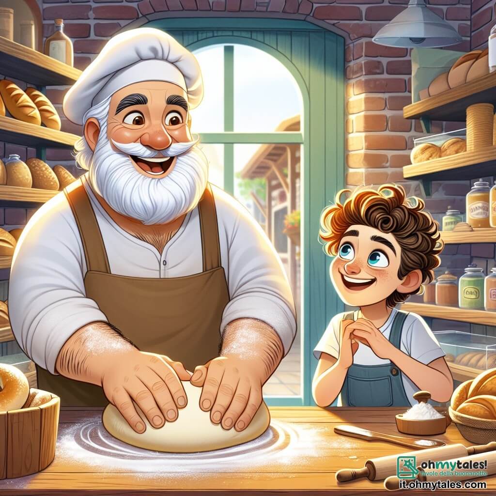 Un uomo, Giovanni, è al centro dell'immagine, un grande panettiere con una barba bianca e occhi scintillanti. Sorride calorosamente, con le mani piene di farina, mentre impasta un impasto per il pane su un tavolo di legno. Accanto a lui, un ragazzo di 8 anni di nome Luca, con capelli ricci e un grande sorriso, osserva con meraviglia, tenendo un piccolo quaderno tra le mani. Il luogo è una deliziosa panetteria, con muri di mattoni e scaffali pieni di pani dorati e dolci colorati. La luce del mattino filtra attraverso la vetrina, creando un'atmosfera calda e accogliente. Giovanni e Luca stanno preparando il pane insieme, con risate e un'atmosfera di complicità, mentre l'impasto lievita dolcemente sul tavolo, simboleggiando l'amore e la magia della panetteria.
