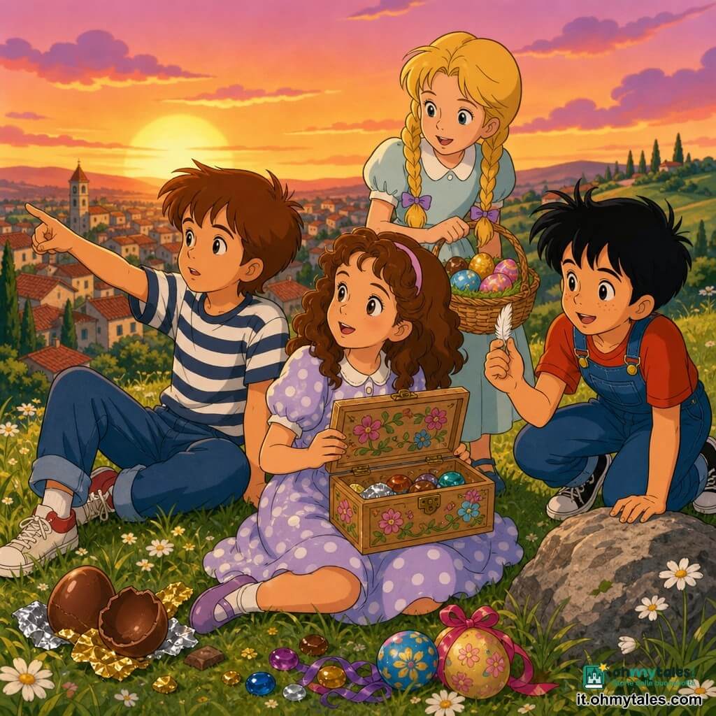 Una bambina di circa 10 anni dai capelli castani ricci e occhi nocciola, seduta su una collina erbosa in vestito a pois pastello e tenendo una piccola scatola di legno decorata con fiori; un ragazzo di circa 10 anni, Luca, capelli castano corti e maglietta a righe, seduto a sinistra e con una mano che indica l'orizzonte; una bambina, Anna, con trecce bionde e vestito leggero, in piedi dietro la scatola che ride e tiene un cesto di uova di Pasqua colorate; un ragazzo, Simone, capelli neri spettinati e salopette, accovacciato vicino a una pietra che mostra una piccola piuma bianca trovata; luogo: dolce collina che domina un villaggio dai tetti rossi, erba verde con margherite, cielo al tramonto arancione e rosa, luce calda; atmosfera tenera e festosa intorno alla scatola dei tesori con cioccolatini, nastri, piccole pietre lucenti e motivi floreali sulla scatola.