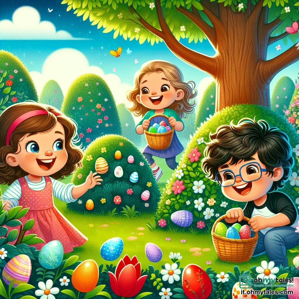 In un giardino magico, quattro bambini sono intenti a cercare le uova di Pasqua. Leo, un ragazzo di 10 anni con capelli castani e occhiali, cerca sotto un cespuglio fiorito con un grande sorriso. Sara, una ragazza di 9 anni con capelli biondi e ricci, è seduta sull'erba con un cesto colorato pieno di uova, ridendo di gioia. Giulia, una ragazza di 8 anni con capelli castani e un vestito rosa, salta di felicità scoprendo un'uovo nascosto dietro un albero. Marco, un ragazzo di 7 anni con occhiali e capelli neri, si avvicina a un grande platano, curioso di vedere cosa c'è dietro. Il giardino è pieno di fiori vivaci: tulipani rossi, margherite bianche e violette blu, sotto un cielo azzurro. Al centro, una fontana scintillante riflette il sole, circondata da farfalle colorate. I bambini seguono le impronte bianche lasciate da un misterioso coniglio di Pasqua, cercando uova magiche in questo luogo incantevole.