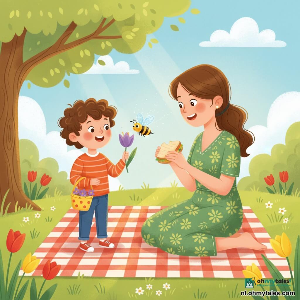 Een vrolijke, verwonderde jongen van 4 jaar met krullend bruin haar houdt een klein geel mandje en bekijkt een paarse bloem van dichtbij; de moeder (ongeveer 30–35) glimlacht in een groene bloemenjurk, zittend op een rood-wit geruit plaid en biedt een sandwich aan naast de jongen; een kleine geel-zwarte bij met doorschijnende vleugels zoeft bij de bloem; het park heeft zacht groen gras, rode en gele tulpen, een boom met lichtgroene bladeren en een blauwe hemel met pluizige wolken; gouden zonnestralen vallen door de takken en creëren zachte weerkaatsingen op het plaid; hoofdscène: een vredig, nieuwsgierig voorjaarspicknickmoment gecentreerd op de personages; stijl: felle kleuren, eenvoudige vormen, zachte lijnen, lichte schaduwen, warme rustige sfeer.