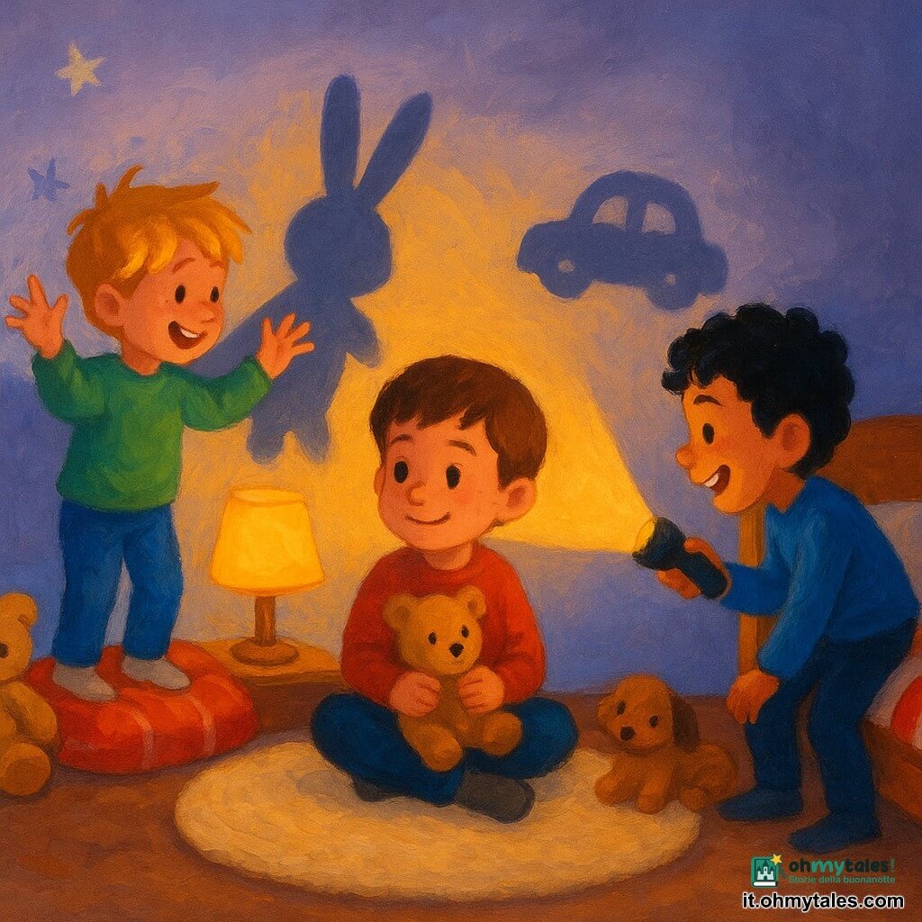 Ci sono tre bambini: Luca, circa 5 anni, capelli castani corti, occhi dolci, tiene un orsacchiotto beige e una piccola lampada da comodino accesa, seduto al centro del tappeto rivolto verso il muro; Marco, circa 6 anni, capelli biondi spettinati, sorriso malizioso, a sinistra di Luca in piedi su un cuscino con le mani alzate a creare ombre; Gianni, circa 5 anni, capelli neri ricci, tiene una torcia gialla a destra di Luca, chinato per illuminare il muro. Ambientazione: camera infantile accogliente di notte, pareti lavanda, grande lampada da comodino gialla calda, coperta di cotone a righe rosse e bianche sul letto, peluche sparsi, adesivi di stelle argentate al soffitto, tappeto crema soffice e parete chiara usata come schermo per le ombre. Situazione principale: i tre giocano con luci e ombre proiettate sul muro; lampada e torcia formano l'ombra di un grande coniglio e di una piccola macchina; Luca al centro osserva le ombre sorridendo, meno spaventato; Marco e Gianni ridono e lo incoraggiano; atmosfera dolce, colori caldi, texture della coperta e dei peluche visibili, forti contrasti tra la luce gialla e il muro scuro.