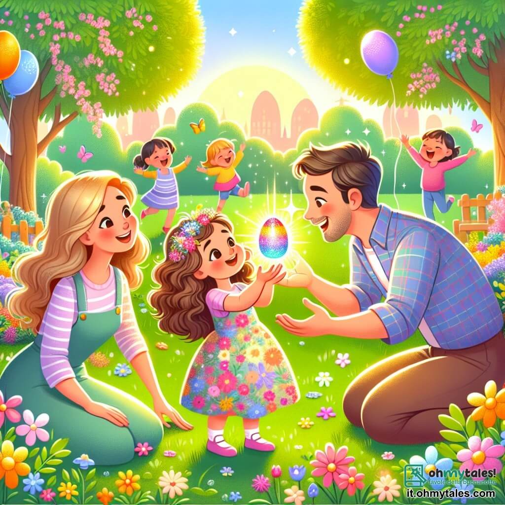 In un parco soleggiato, una bambina di tre anni, di nome Giulia, con capelli castani e ricci, indossa un vestito colorato con motivi floreali. Si sta accovacciando, meravigliata, davanti a un uovo scintillante dai colori dell'arcobaleno, che ha appena scoperto tra fiori vivaci. Accanto a lei, sua madre, una donna sorridente con capelli lunghi e biondi, vestita con una blusa pastello, la incoraggia con uno sguardo pieno d'amore. Un po' più in là, suo padre, un uomo gioioso con una leggera barba e una camicia a quadri, applaude la scoperta della figlia, con le braccia aperte in segno di incoraggiamento. Il parco è pieno di verde lussureggiante, con alberi in fiore e bambini che giocano sullo sfondo. Palloncini colorati fluttuano nell'aria e decorazioni pasquali adornano le panchine. La scena cattura il momento magico in cui Giulia scopre l'uovo speciale, circondata dall'amore della sua famiglia, in un'atmosfera festosa e gioiosa di Pasqua.