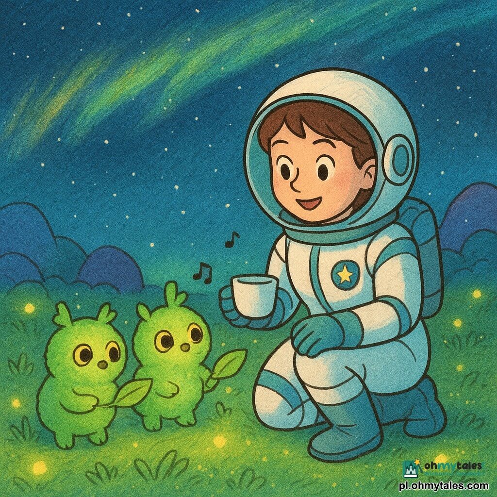 Główna postać to uśmiechnięta kobieta-astronautka o krótkich brązowych włosach w biało-niebieskim skafandrze z małą naszywką gwiazdy; klęczy, trzyma kubek herbaty i spotyka grupkę uroczuch obcych wielkości kociaka — okrągłe, zielone, pluszowe istoty z dużymi złotymi oczami, które dzwonią jak dzwoneczki i podają świecące liście; scena na małej nocnej planecie ze świecącą trawą, miękkim gruntem, kolorowymi skałami i gwiaździstym niebem z kolorowymi smugami, atmosfera ciepła, spokojna i przyjazna, wymiana przez gesty i melodie