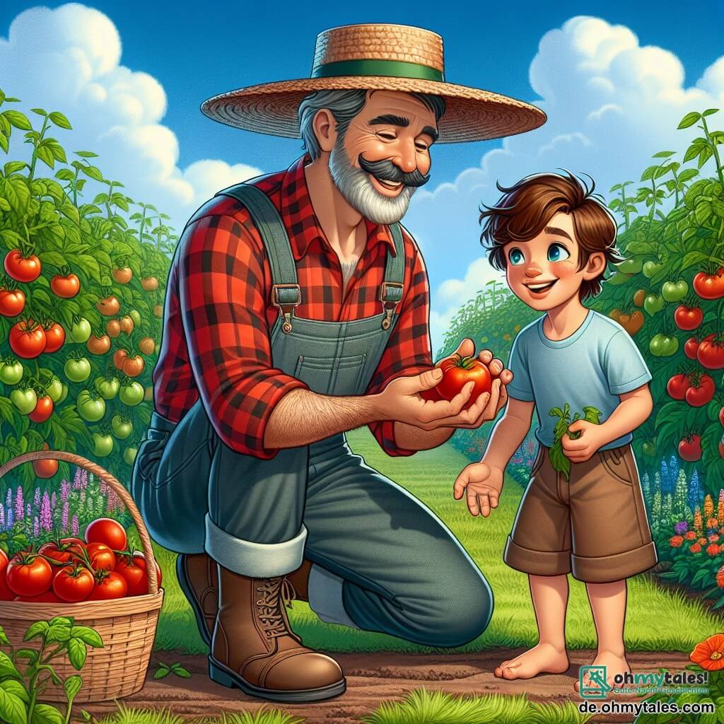 Ein Mann, der Bauer Herr Müller, steht im Mittelpunkt des Bildes, lächelnd mit einem breiten Strohhut auf dem Kopf, einem karierten roten Hemd und einer Stoffhose. Er zeigt einem jungen Jungen, Max, wie man Tomaten erntet, seine Augen strahlen vor Freude und Aufregung. Max, ein etwa 8-jähriger Junge mit zerzausten braunen Haaren, trägt ein blaues T-Shirt und Shorts. Er hockt neben Herr Müller und hält eine rote Tomate in seinen kleinen Händen, mit einem breiten Lächeln auf seinem Gesicht. Die Szene spielt auf einem sonnigen Bauernhof, umgeben von grünen Feldern und bunten Blumen. Im Hintergrund sieht man einen großen Gemüsegarten voller reifer Tomaten, mit ordentlich gereihten Pflanzen. Der Himmel ist strahlend blau, mit einigen flauschigen weißen Wolken. Die Hauptsituation zeigt Herr Müller, der Max lehrt, wie man Tomaten erntet, mit Weidenkörben voller frischem Gemüse neben ihnen. Die Atmosphäre ist fröhlich und lebhaft, erfüllt mit leuchtenden Farben und der Schönheit der Natur.