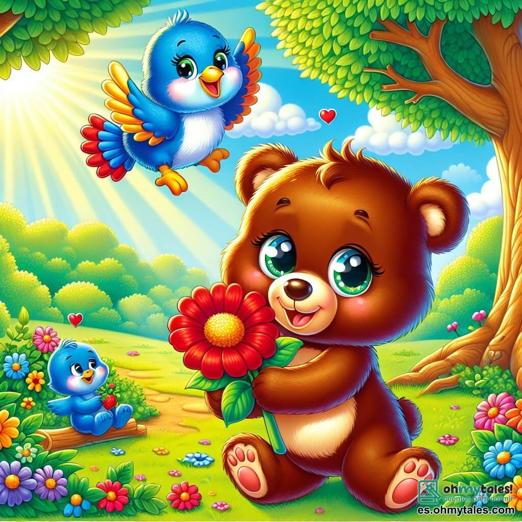 Un pequeño oso de peluche llamado Rami, con un suave pelaje marrón y ojos brillantes de curiosidad, está de pie en un claro soleado, sosteniendo una hermosa flor roja en sus pequeñas patas. Muestra una gran sonrisa, expresando su alegría por ofrecer un regalo. A su lado, un pájaro azul brillante llamado Azul, con plumas relucientes y un aire juguetón, vuela alegremente alrededor de Rami, cantando con entusiasmo. Azul está posado en una rama de árbol, mirando a Rami con admiración. El lugar es un claro verde, rodeado de majestuosos árboles con hojas brillantes y flores coloridas que bailan con la suave brisa. El sol brilla alto en el cielo, creando sombras suaves en el suelo. La escena principal muestra a Rami, el oso, listo para ofrecer la flor a su mamá Osa, que se encuentra un poco más lejos, en una pequeña casa de madera, llena de luz y calor. Rami está lleno de emoción y felicidad por la idea de hacer feliz a su mamá con este regalo especial.