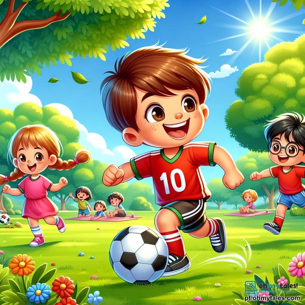 O personagem principal, Miguel, é um garoto de 8 anos com cabelos castanhos e olhos brilhantes de alegria. Ele usa uma camisa de futebol vermelha com o número 10, um short preto e tênis brancos. Ele está driblando a bola com um grande sorriso no rosto, mostrando sua paixão pelo jogo. Ao seu lado, seus amigos, Clara e Lucas, também participam da ação. Clara, uma menina de 8 anos com cabelos loiros em tranças e um uniforme de futebol rosa, aplaude Miguel com entusiasmo. Lucas, um garoto de 9 anos com cabelos negros e óculos, corre para se posicionar para receber o passe de Miguel. A cena acontece em um parque verde, cheio de grandes árvores e flores coloridas. Ao fundo, crianças brincam e famílias fazem piqueniques. O sol brilha em um céu azul claro, criando uma atmosfera alegre. A situação principal mostra Miguel driblando a bola com determinação, cercado por seus amigos que o incentivam, ilustrando o espírito de equipe e a alegria do jogo.