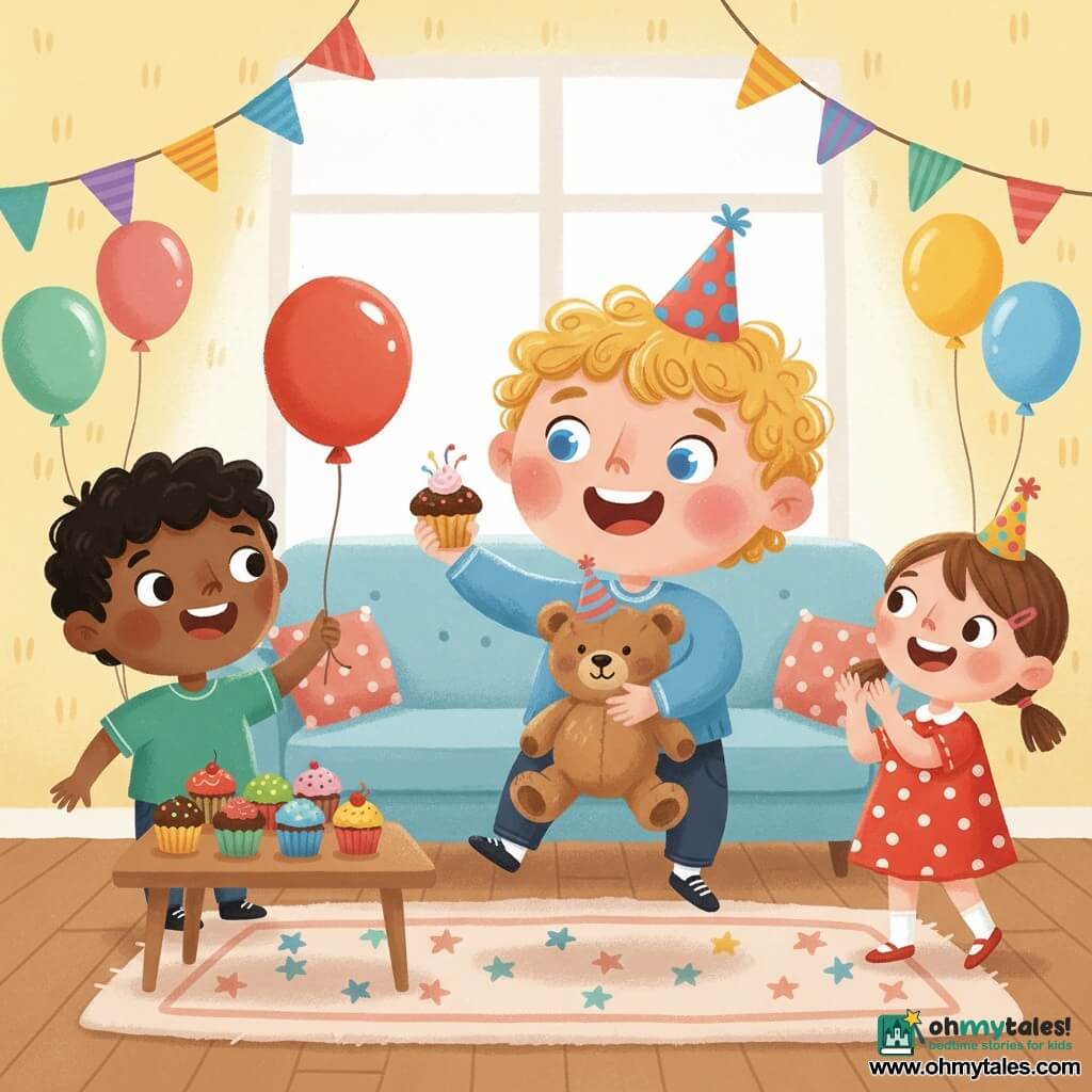 A joyful, colorful birthday scene: a 2-year-old blond curly-haired boy with a round face, bright blue eyes, big smile and rosy cheeks jumps for joy holding a cupcake topped with a party hat; a slightly worn brown teddy on his lap also wears a mini party hat and looks at the cupcake; a friend girl (~3) with light skin and brown pigtails in a polka-dot dress applauds to his right; a friend boy (~4) with tan skin and short black hair holds a red balloon to his left near a low table; bright living room with pastel yellow walls, multicolored bunting, floating balloons, a star-patterned plush rug and a table of colorful cupcakes; painted in gouache with visible thick brushstrokes, vivid contrasting colors and a warm, playful atmosphere.