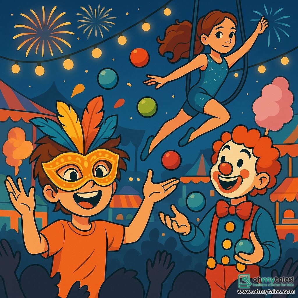 A 12-year-old boy, Max, with tousled brown hair and sparkling eyes, wears a golden mask adorned with colorful feathers. He smiles in wonder, arms raised, as if he has just discovered a magical treasure. Next to him, a jovial clown around 30 years old, with a white-painted face and a red nose, juggles colorful balls, laughing with joy. A 10-year-old acrobat girl, with long curly hair, is suspended in the air, dressed in a sparkling costume, with a focused and determined look. The scene takes place in a lively square decorated with string lights and colorful stalls, where the sweet smell of cotton candy fills the air. Fireworks light up the night sky, creating a festive and magical atmosphere. Surrounded by his friends, Max participates in an impromptu performance, juggling balls under the applause of an amazed crowd.