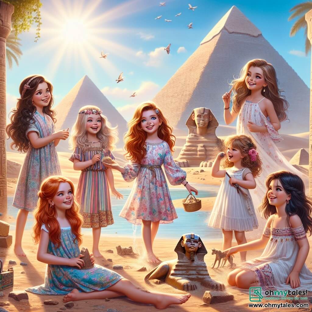 In a sunny landscape of Ancient Egypt, five little girls stand together, surrounded by majestic pyramids. **Lily** (8 years old) has long brown hair and wears a colorful dress, smiling while holding a sand game. **Mia** (7 years old) has braided blonde hair and wears a straw hat, having fun drawing hieroglyphs in the sand. **Emma** (9 years old) has curly hair and wears a light tunic, gazing in wonder at the pyramids. **Zoe** (6 years old) has red hair and wears a floral dress, playing near the Nile and splashing water joyfully. **Ava** (8 years old) has black hair and wears a colorful scarf, helping to gather stones to complete the Sphinx. In the center, an unfinished large Sphinx stands with its mysterious face and majestic body. The sky is bright blue, and the sun shines intensely, casting soft shadows on the sandy ground. The girls, with radiant smiles, work together to finish the Sphinx's nose, combining their strength and creativity to preserve a piece of history.