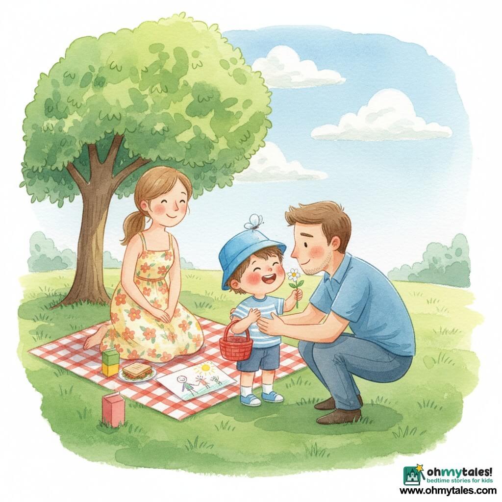 A joyful 4-year-old boy in a bright blue hat, tousled brown hair, rosy cheeks and laughing eyes holds a small red basket and shows a white flower; his smiling, moved father (about 35) with a light beard and casual shirt kneels at knee level to embrace him on the right; the attentive mother (about 32) with a ponytail and floral dress stands behind a red-and-white picnic blanket smiling at the scene; sunny park with a large green lawn, round‑canopied tree casting dappled shade, fluffy white clouds and a butterfly perched on the hat; main scene: surprise Father's Day picnic — the boy gives a flower and a drawing to his father, tender joyful mood, soft colors and visible watercolor textures.