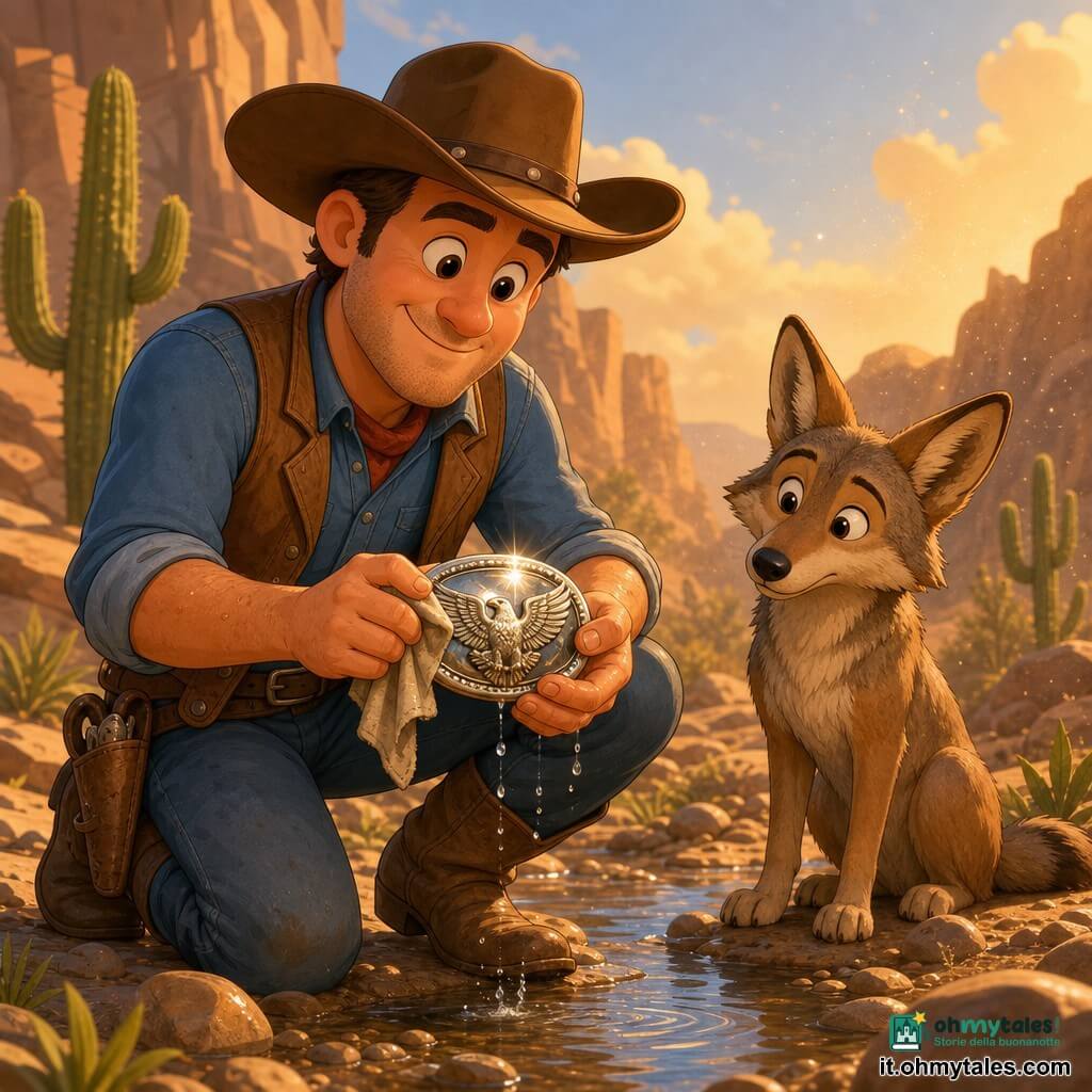 Un cowboy di circa 35 anni, volto rotondo e sorriso dolce, con ampio cappello marrone, camicia di denim, gilet di pelle consumato e stivali impolverati è inginocchiato al bordo di un ruscello, strofinando una fibbia di cintura metallica a forma di aquila finché non brilla; accanto a lui, a destra, un coyote dal pelo rossastro-grigio e sguardo curioso è seduto con la testa inclinata, guardando la fibbia scintillare; sullo sfondo un piccolo burrone roccioso, cespugli di cactus, pietre lisce e tracce di sabbia indicano che poco prima è passata una tempesta di sabbia; la scena è calma e calda dopo la tempesta: luce dorata del sole, bagliore metallico della fibbia, gocce d'acqua sulle mani del cowboy e polvere che luccica nell'aria.