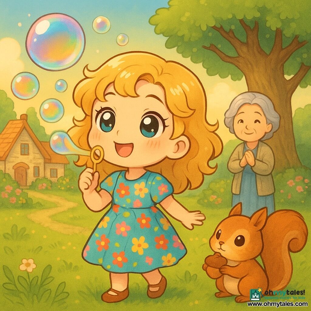 An 8-year-old girl, Pippa, with sparkling big eyes and curly blonde hair, smiles joyfully while looking at the sky. She wears a colorful dress with floral patterns and is whistling a cheerful tune. Next to her, Finn, a mischievous squirrel with a bushy tail, watches her curiously, holding a nut in his tiny paws. In the background, Granny Willow, an elderly woman with silver hair and a kind smile, stands near an old oak tree, gently clapping. The setting is a picturesque village with stone houses and blooming gardens, bathed in golden morning light. In the sky, a stream of shimmering bubbles floats, reflecting rainbows, creating a magical and fairy-tale scene.