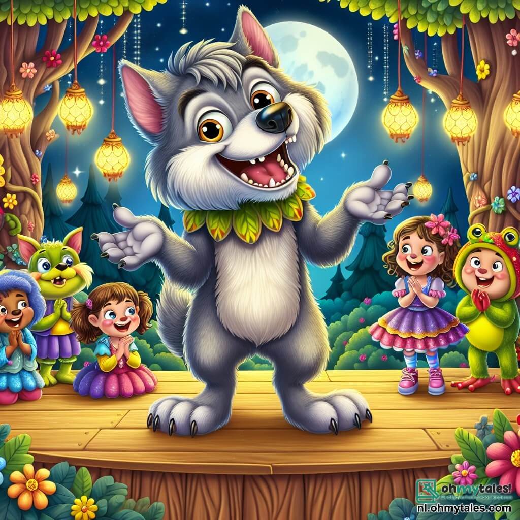 In het midden van de afbeelding staat een blije weerwolf genaamd Winky, met een zachte, glanzende lichtgrijze vacht, sprankelende ondeugende ogen en een grote glimlach, op een houten podium. Hij vertelt een grap, met zijn poten in de lucht, en een uitdrukking vol enthousiasme en geluk. Naast hem applaudisseert een klein meisje van ongeveer 8 jaar met krullend haar en een kleurrijke jurk, met een grote glimlach en glinsterende ogen van bewondering. Ze zit op de rand van het podium, omringd door kleurrijke bloemen. Achter Winky staat een groep grappige wezens, waaronder een dansende kikker in een glinsterend kostuum en een vogel met stralende veren, klaar om te applaudisseren en te lachen. De achtergrond is een betoverd dorp, met reusachtige bomen met glanzende bladeren, hangende lantaarns die in de nacht stralen, en een sterrenhemel die boven hen fonkelt. De belangrijkste situatie toont Winky, de weerwolf, die zijn grap vertelt aan het enthousiaste publiek, wat een sfeer van vreugde en gelach creëert in deze magische omgeving.