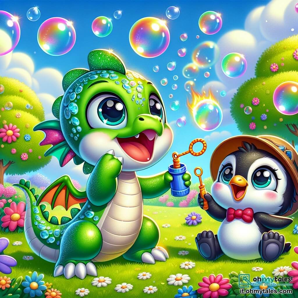 Un piccolo drago verde brillante, con squame scintillanti e grandi occhi rotondi pieni di curiosità, sta soffiano bolle di sapone colorate in un parco soleggiato. Ha un grande sorriso gioioso sul viso, mentre le bolle fluttuano intorno a lui come palloni magici. Accanto a lui, un adorabile pinguino, indossando un piccolo cappello da esploratore, guarda con meraviglia le bolle che si alzano nel cielo, pronto a saltare per prenderne una. Un coniglietto adorabile con grandi orecchie e un piccolo papillon rosso è seduto sull'erba, ridendo mentre cerca di afferrare una bolla. Il luogo è un parco colorato di Pufflandia, pieno di fiori brillanti e alberi con tronchi larghi, mentre nel cielo blu chiaro fluttuano nuvole a forma di caramelle. I risate dei bambini risuonano in sottofondo, aggiungendo magia all'atmosfera. La scena principale mostra il drago, il pinguino e il coniglio in festa, creando bolle di sapone che fluttuano intorno a loro, pronti per una nuova avventura piena di risate e sorprese.