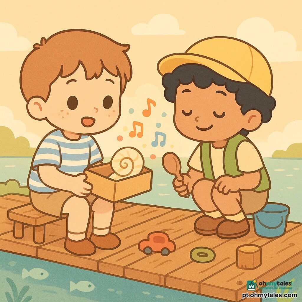 Dois meninos de cerca de 6 anos num velho píer de madeira sobre um lago claro; à esquerda um menino de cabelos curtos castanho‑claro e sardas, camiseta riscada azul e shorts, sentado segurando uma pequena caixa de cartão aberta com uma concha e olhando maravilhado; à direita um menino de cabelos cacheados pretos com boné amarelo e colete verde, agachado, segurando uma colher de madeira e um baldinho, vendo a concha como se a escutasse; na prancha algas visíveis na água, peixinhos estilizados, uma caixa com algodão e brinquedos espalhados; cena ensolarada ao pôr do sol, concha emitindo pequenas notas como bolhas musicais coloridas, atmosfera suave em cores pastéis, estilo kawaii minimal com formas arredondadas.