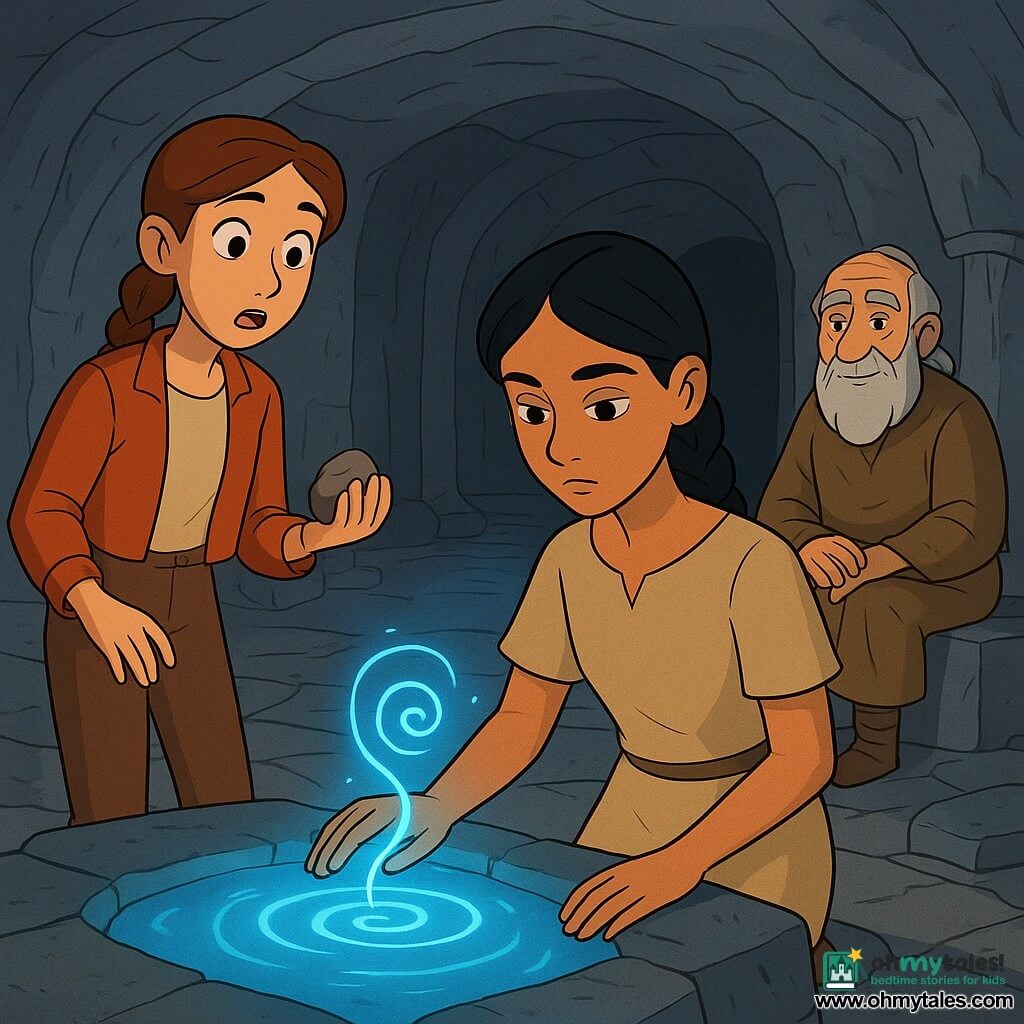 The main scene shows a calm teenage girl, Alya (about 15), with braided black hair and a simple sand-colored linen dress, placing her hand on a small glowing blue spring at the center of an underground chamber; beside her, another 15-year-old, Zaynab, brown hair in a braid and a rust-colored short jacket, looks surprised and brave while holding a stone and standing slightly to Alya’s left, and an elderly storyteller (about 70) with a white beard and worn robe sits on a rock in the background, watching with a gentle smile. The chamber is carved from gray rock with visible striations, irregular flagstone floor, collapsed columns and a dark arched opening behind; the spring emits a deep blue light that highlights spiral motifs carved in the stone. Alya is transmitting an ancient protective vow: a delicate blue halo rises between her hand and the spring, forming a spiral; the mood is mysterious yet soothing, with bluish reflections on faces and sharp shadows for a clear, graphic read.