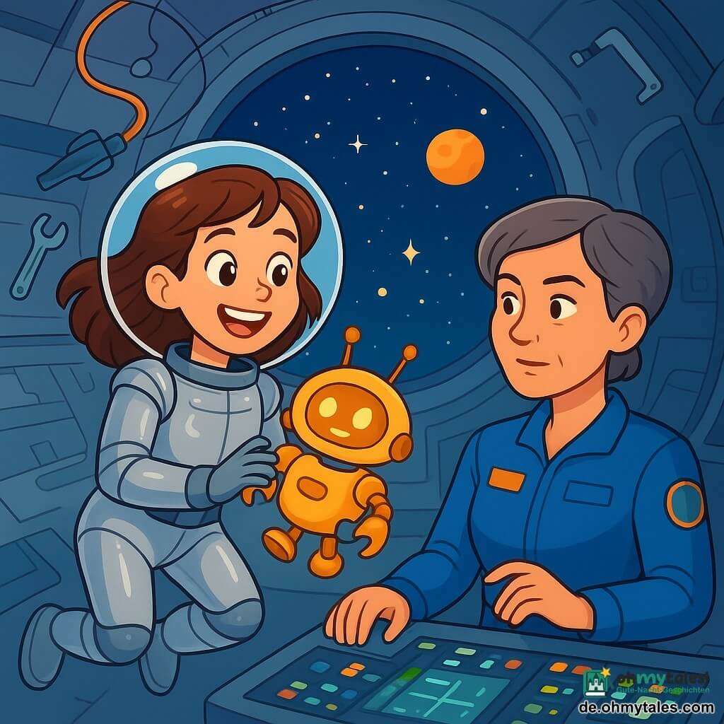 Eine Astronautin, Anna, schwebt mit einem breiten Lächeln und leuchtenden Augen vor Aufregung in einem eleganten, glänzenden silbernen Raumanzug. Ihre braunen Haare umrahmen ihr Gesicht, und sie hält einen kleinen leuchtenden Droiden in ihren Armen, bereit zur Rettung. In der Nähe beobachtet Kommandantin Li, eine etwa 40-jährige Frau mit kurzen grauen Haaren, aufmerksam die Kontrollbildschirme, mit einem konzentrierten und ermutigenden Ausdruck. Sie trägt einen blauen Pilotenanzug und steht neben einem Dashboard voller blinkender Lichter. Die Szene spielt sich in einer riesigen, futuristischen Raumstation ab, mit glänzenden Metallwänden und großen Fenstern, die einen spektakulären Blick auf den sternenübersäten Raum bieten. Kabel und Werkzeuge schweben umher und verleihen der Umgebung einen Hauch von Realismus. In dieser Hauptsituation versucht Anna entschlossen und froh, den im Eck der Station festsitzenden Droiden zu befreien, während Kommandantin Li ihr über den Kommunikator ermutigende Worte zusendet.