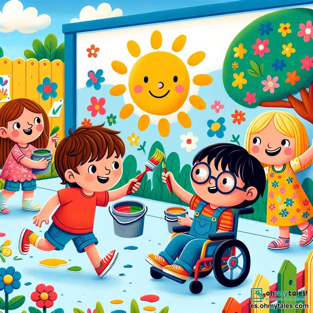 Cuatro amigos, dos chicos y dos chicas de cuatro años, están en un patio escolar colorido. Leo, un niño de cabello castaño y rizado, lleva una camiseta roja y un pantalón corto azul, corre felizmente con botes de pintura en las manos. A su lado, Tomi, una niña de cabello rubio y liso, vestida con un vestido de flores, está agachada pintando un gran sol amarillo en una pared. Sam, un chico con gafas y cabello castaño, está de pie contando una historia con gestos animados, mientras que Nico, un chico de cabello negro y corto, sonríe en su silla de ruedas, sosteniendo un pincel y dibujando un árbol con grandes hojas verdes. El patio está lleno de colores vivos, con juegos de madera, flores florecidas y un cielo azul claro. Los muros están decorados con dibujos de niños y el suelo cubierto de tiza de colores. La escena principal muestra a los cuatro amigos trabajando juntos en un mural, cada uno contribuyendo con entusiasmo a su obra colectiva, ilustrando el espíritu de equipo y la creatividad.