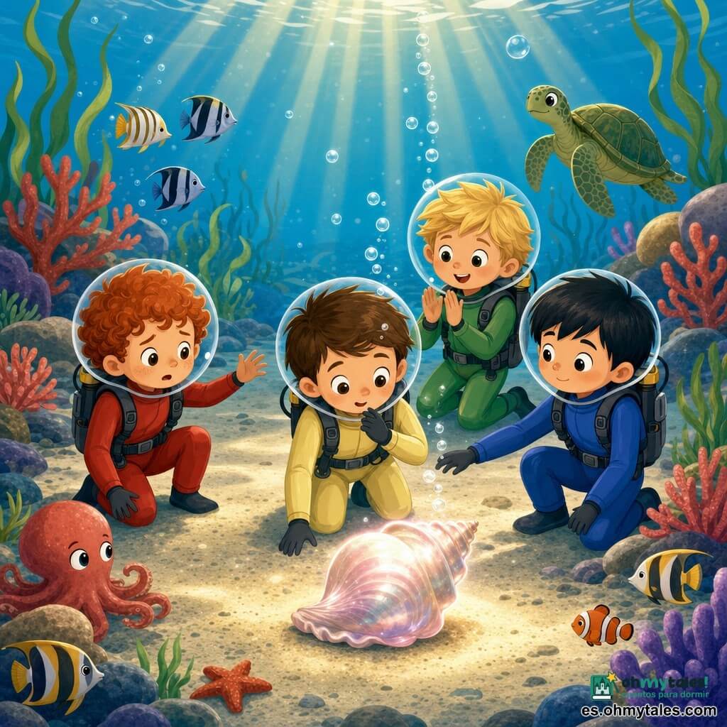 Cuatro niños de 5 años nadan en un jardín submarino claro y colorido sobre arena fina: Leo, pelo castaño corto, traje de buceo amarillo pálido, en el centro mirando con asombro una gran concha brillante que emite un tenue resplandor plateado-rosado; a su derecha Bruno, pelo rizado rojizo, traje rojo, con expresión valiente pero algo preocupada y mano extendida hacia sus amigos; a la izquierda Martín, pelo negro liso, traje azul, de mirada calmada sujetando suavemente la mano de Bruno; y detrás Nico, pelo rubio despeinado, traje verde, sonriendo y aplaudiendo bajo el agua con pequeñas burbujas. Desde la concha sube una hilera de burbujas diminutas; alrededor hay peces rayados, un pequeño pulpo observador y, al fondo, una tortuga marina tranquila; el entorno tiene rocas redondeadas con corales rojos y violetas, algas verdes que se mecen y rayos de luz dorada filtrándose. Escena pacífica, colores vivos, composición simple, siluetas legibles y expresiones suaves.