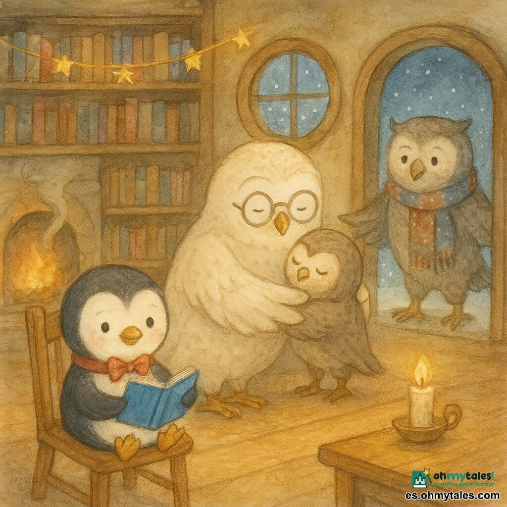 Un pequeño pingüino con pajarita roja, rostro redondo y expresión tímida y feliz, plumas suaves, sentado en una silla de madera sonriendo y sosteniendo un cuadernito azul; una gran lechuza bibliotecaria de plumaje crema y gafas redondas, con mirada serena, abre las alas para abrazar a otro ave; un gran búho viajero grisáceo-marrón con bufanda colorida salpicada de pequeños copos, cansado pero alegre, entra por la puerta de la biblioteca y extiende las alas hacia la lechuza; la biblioteca, interior cálido pintado en acuarela, estanterías de madera llenas de libros de colores, guirnalda de estrellas sobre una chimenea humeante y una ventana redonda que muestra un paisaje nevado con copos; situación principal: reencuentro silencioso y tierno — el pingüino observa mientras la lechuza y el búho se abrazan con las alas, la luz suave de velas y guirnaldas crea reflejos dorados en el suelo barnizado.
