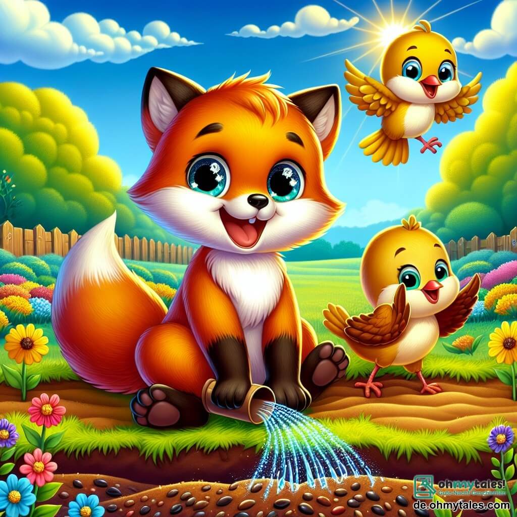 Ein kleiner Fuchs namens Felix, mit einem leuchtend orangefarbenen Fell und neugierigen, funkelnden Augen, steht im Mittelpunkt des Bildes und lächelt fröhlich, während er Samen in seinem Garten pflanzt. An seiner Seite hüpfen zwei fuchsfarbene Vögel mit strahlendem Gefieder fröhlich umher, ihre Augen leuchten vor Freude, während sie Felix helfen, die Samen mit kleinen, glitzernden Wassertropfen zu gießen. Im Hintergrund erstreckt sich ein üppiger Garten, gefüllt mit bunten Blumen, die unter einem klaren blauen Himmel erblühen, während goldene Sonnenstrahlen die Szene erhellen. Die Hauptsituation zeigt Felix und seine Freunde in Aktion, die einen Moment der Freude und Kameradschaft teilen, während sie ihren Garten für den Frühlingsmarkt vorbereiten.