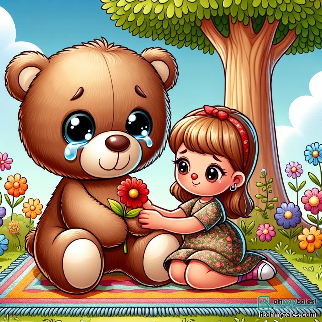 Un piccolo orsetto di peluche, con un pelo morbido e usurato, dagli occhi neri brillanti di tenerezza, è seduto su un tappeto colorato, stretto tra le braccia di una bambina dai capelli castani, che indossa un vestito a fiori. Ha uno sguardo malinconico, con le lacrime agli occhi, ma un lieve sorriso appare sul suo viso mentre ricorda momenti felici. Accanto a loro, un maestoso albero con foglie verdi brillanti si erge, simboleggiando la vita e la memoria. Il cielo è di un blu rassicurante, punteggiato da nuvole bianche e soffici, e fiori colorati circondano il tappeto, aggiungendo un tocco di gioia alla scena. La bambina e il suo orsetto stanno piantando un fiore rosso in memoria della nonna, creando un momento di connessione tra passato e presente, dove amore e ricordo si intrecciano in una dolce malinconia.