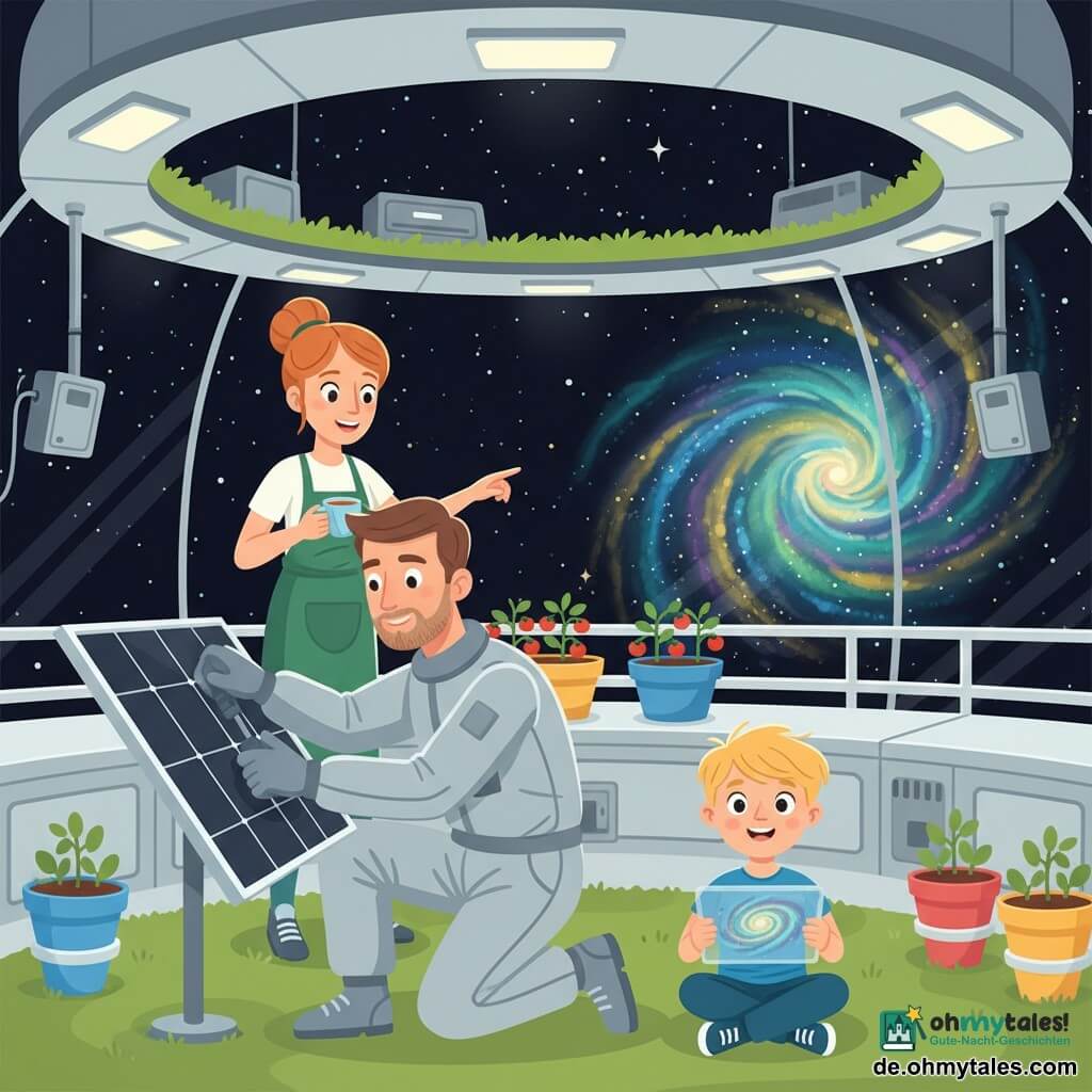 Jonas, ein ruhiger, konzentrierter Mann mit leichtem Bart und kurzem braunem Haar in einem silbernen Raumanzug, hockt und zieht eine große Schraube an einem Solarpanel fest; hinter ihm steht Mara, etwa 30, lachende Gärtnerin mit rotem Dutt und grüner Schürze, hält eine Tasse Tee und zeigt auf eine Reihe kleiner Tomaten; ein etwa siebenjähriger Junge mit zerzaustem blondem Haar sitzt auf synthetischem Rasen neben Jonas, hält eine transparente Tablet und zeichnet die große Nebelwolke; Schauplatz ist ein hängender, ringförmiger Garten mit hellen Metallplatten, weißen Geländern, bunten Blumentöpfen und abgerundeten Glaswänden, die die außen leuchtende farbige Nebelwolke (Blau, Violett, Grün, Gold) zeigen; Stimmung ruhig und kooperativ.