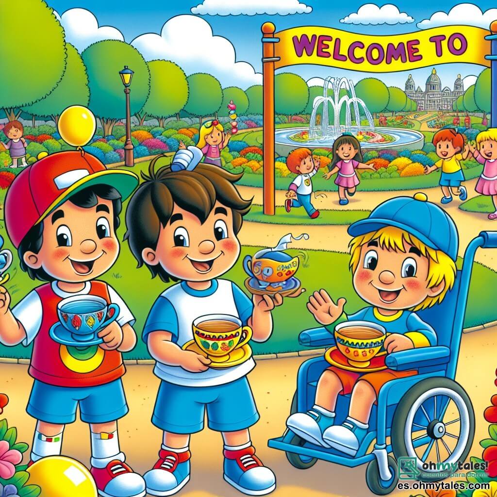 En un parque colorido, tres amigos se preparan para la Gran Carrera de Tazas. Pablo, un niño de 8 años con gorra roja y camiseta azul, está a la izquierda con una taza en la cabeza y una gran sonrisa. Juan, de 7 años, con cabello castaño y un globo amarillo en una mano, está en el centro sosteniendo dos tazas, luciendo concentrado y divertido. Luis, un niño de 9 años, sonríe en su silla de ruedas azul a la derecha, con una taza especial en sus rodillas, observando a sus amigos con alegría. El parque está lleno de flores multicolores, árboles verdes y un cielo azul brillante, con niños jugando alrededor. Al fondo, un gran cartel colorido dice "Bienvenidos a la Gran Carrera de Tazas". Los tres amigos están a punto de comenzar la carrera, riendo y corriendo juntos, tratando de no derramar el agua de sus tazas, creando una escena llena de dinamismo y camaradería.
