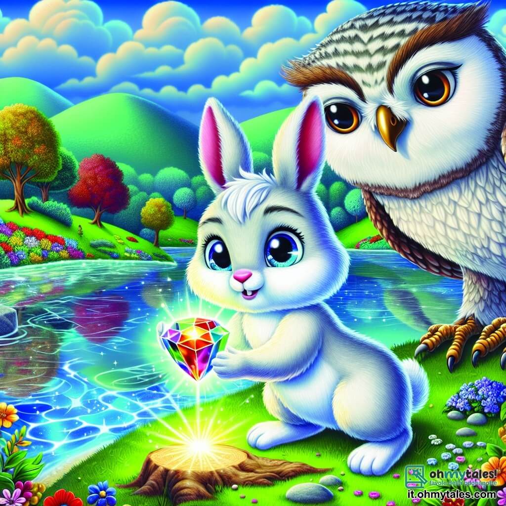 Un coniglio bianco con occhi blu brillanti e un'espressione determinata si trova al bordo di un lago scintillante, tenendo tra le zampe una gemma luminosa che brilla intensamente. Vicino a lui, un grande gufo saggio con piume grigie e occhi penetranti osserva il giovane coniglio, con le ali leggermente spiegate come se fosse pronto a proteggerlo. Il paesaggio è incantevole, con colline verdi, alberi fioriti e un cielo blu punteggiato di nuvole bianche, mentre il lago cristallino riflette la luce dorata del sole al tramonto. Il momento cruciale mostra il coniglio che, con coraggio, immerge la gemma di luce nell'acqua torbida del lago, provocando un'esplosione di colori e luce che inizia a purificare l'acqua, portando speranza e magia al regno di Verdecollina.