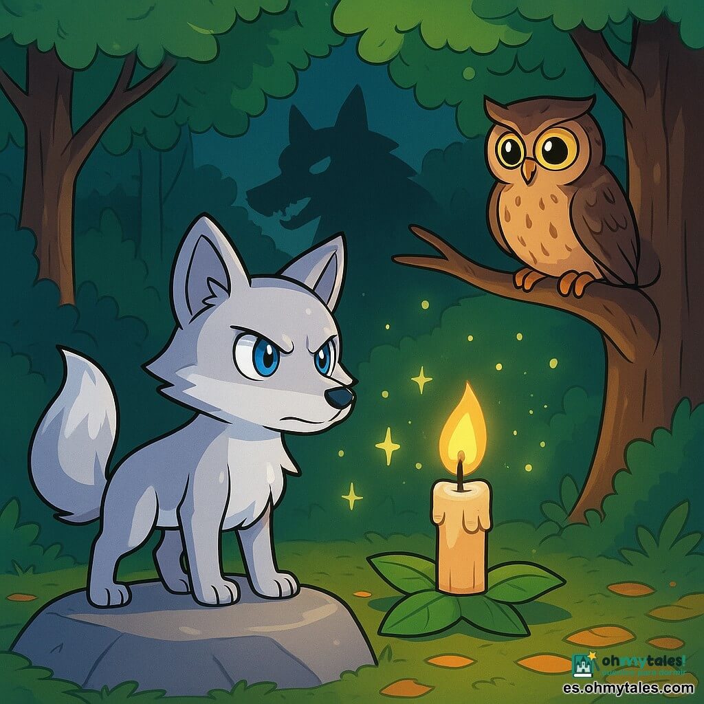 Un zorro de plata con pelaje plateado brillante y ojos azules luminosos se encuentra sobre una piedra lisa al borde de un claro en el bosque, mostrando una expresión decidida y valiente. Observa atentamente una pequeña luz dorada, una suave llama que emana de una vela colocada sobre una hoja verde. Cerca, una lechuza de grandes ojos redondos y plumaje marrón moteado se posó en una rama, observando la escena con curiosidad y sabiduría. Un grupo de luciérnagas brillantes, como pequeñas estrellas danzantes, vuela alrededor de la vela, iluminando el claro con un resplandor cálido y alegre. El lugar es un claro de bosque encantado, rodeado de árboles majestuosos con troncos gruesos y hojas de un verde brillante, donde suaves sombras se dibujan sobre el suelo cubierto de hojas doradas. La situación principal muestra al zorro de plata, listo para reunir a sus amigos para una ronda protectora, mientras una sombra amenazante, la del gran lobo malo, se perfila en el fondo, creando una tensión palpable en el aire.