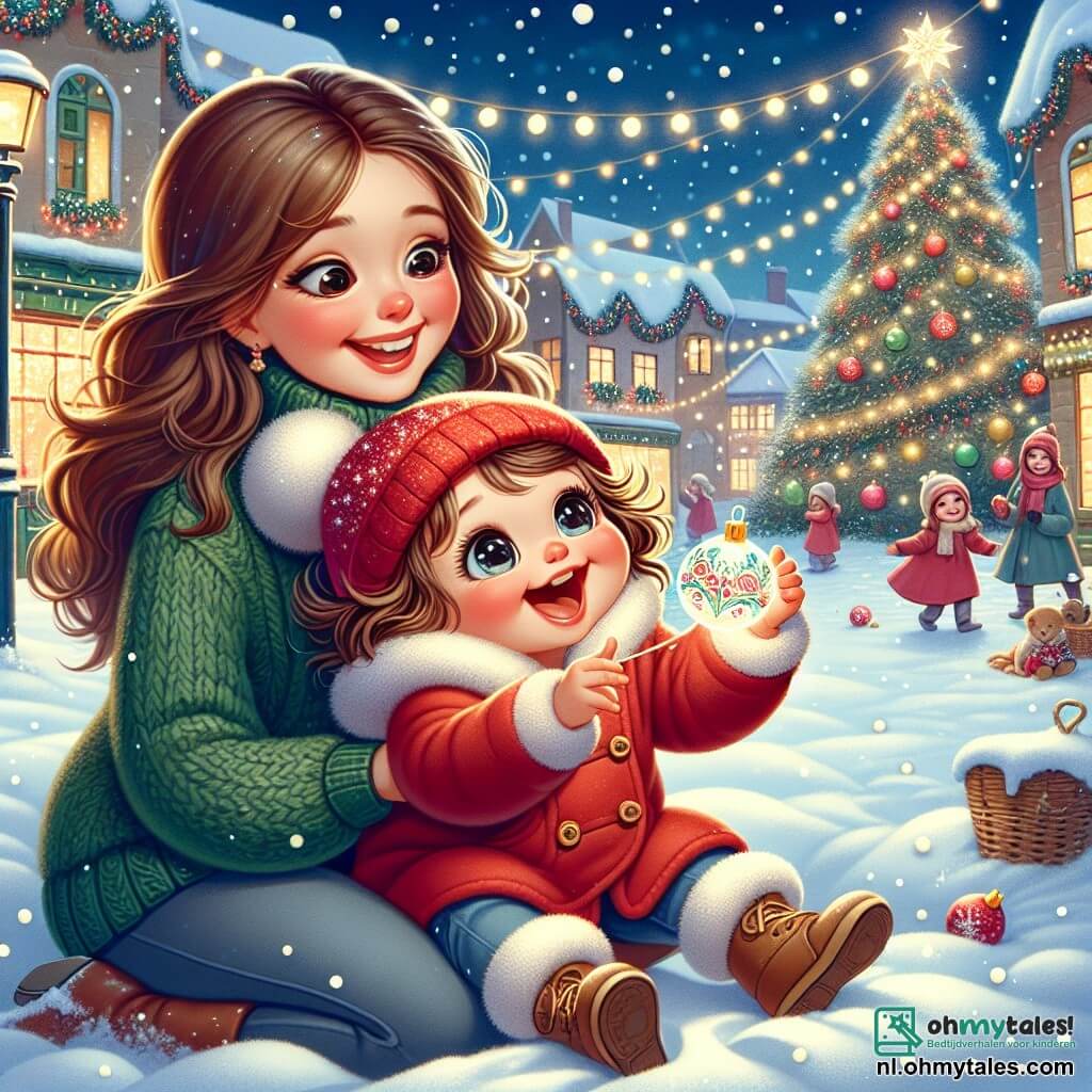 Een meisje van 1 jaar, met grote glanzende ogen en krullend kastanjebruin haar, glimlacht vrolijk terwijl ze een glinsterende kerstbal in haar kleine handen vasthoudt. Ze draagt een felrode jas en een wollen muts, en ze zit in de sneeuw, omringd door zacht vallende vlokken. Dichtbij kijkt haar moeder, een vrouw van ongeveer 30 jaar met lang, steil haar, liefdevol naar haar dochter terwijl ze een warme glimlach op haar gezicht heeft, knielend in de sneeuw, klaar om haar te helpen. De setting is een charmant dorpsplein tijdens de kerstperiode, met een grote verlichte kerstboom in het midden, kleurrijke lichtjes die rondom fonkelen, en marktkramen versierd met slingers. Sneeuwvlokken dansen in de lucht, wat een feeërieke sfeer creëert. De hoofdscène toont het meisje dat net een kerstbal heeft opgepikt die in de sneeuw is gerold, lachend van blijdschap, terwijl haar moeder haar aanmoedigt met een liefdevolle blik.