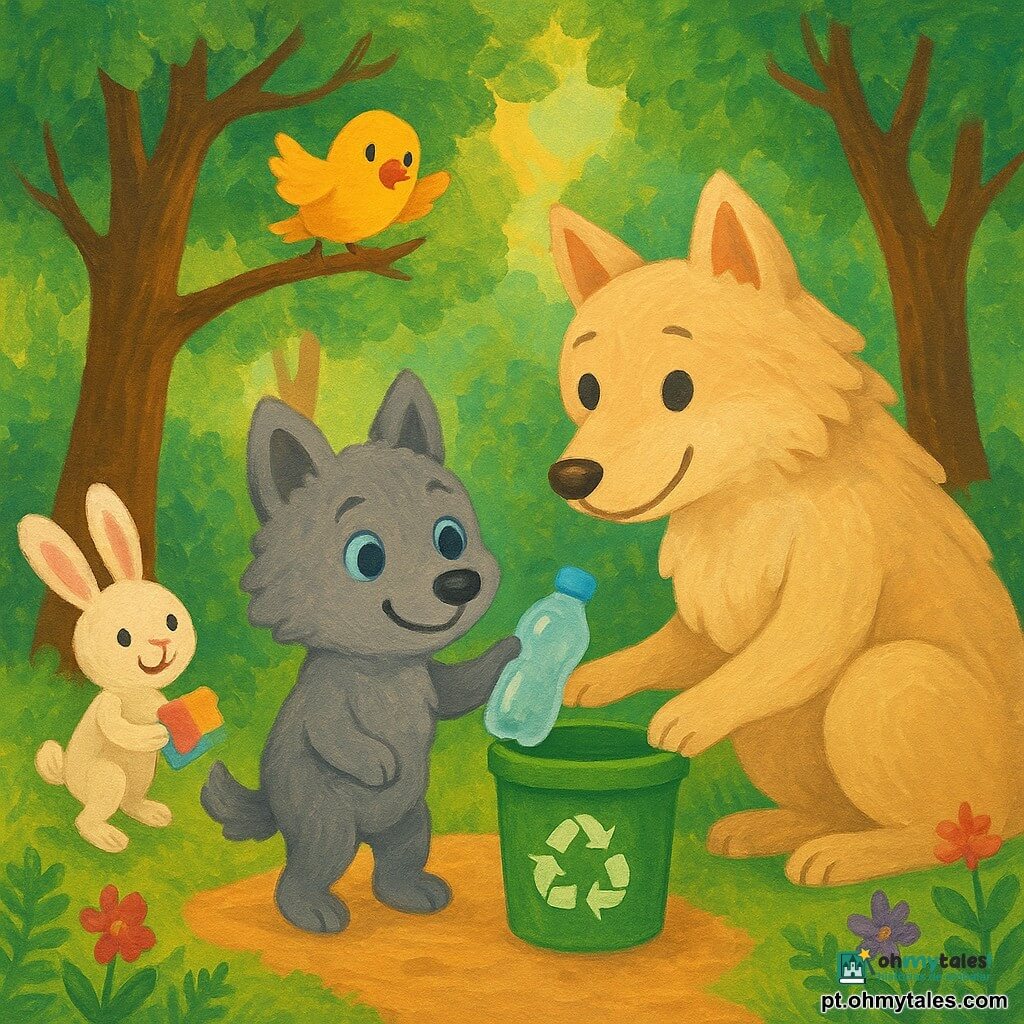 Um pequeno lobo cinza de pelo macio e olhos azuis, sorriso orgulhoso, segurando uma garrafa plástica translúcida com a patinha, em um caminho de terra claro; uma maman-lobo maior de pelagem creme, expressão acolhedora, agachada ao lado guiando a patinha do filhote para uma lixeira verde brilhante; um coelhinho branco chamado Bibi à esquerda, segurando um papel colorido e saltitando; um passarinho amarelo chamado Titi empoleirado em um galho baixo acima, olhando entusiasmado; floresta luxuriante com troncos marrons, folhas verdes, flores vermelhas e roxas, raios de sol dourados e pequenas samambaias; cena alegre e clara em que o filhote deposita a garrafa na lixeira enquanto os amigos observam e aplaudem, atmosfera limpa, colorida e reconfortante, composição centrada com paleta suave e contrastes quentes adequada para guache.