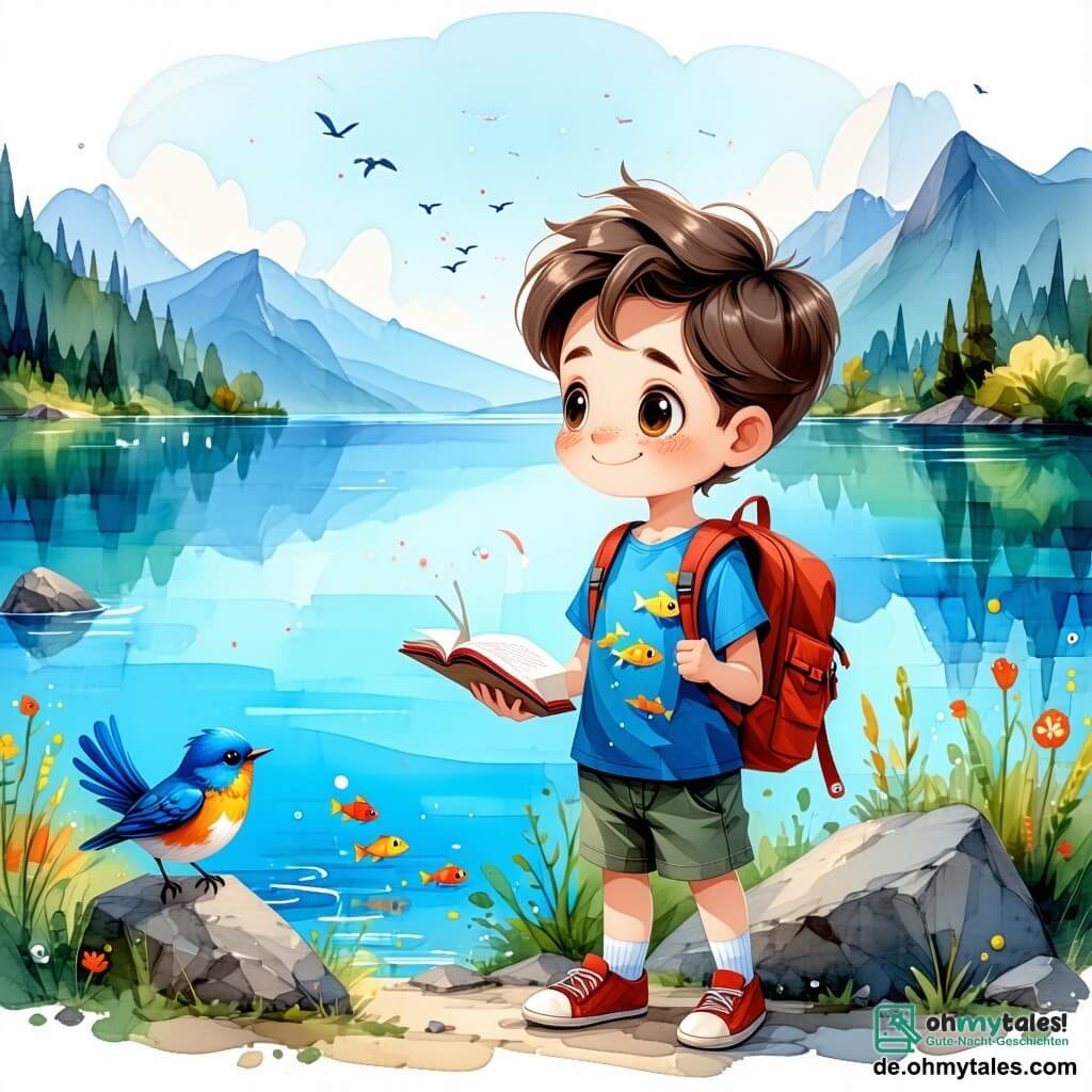 Ein vierjähriger Junge namens Max mit zerzausten kastanienbraunen Haaren und großen, neugierigen Augen steht am Ufer des wunderschönen Titicacasees. Er trägt ein blaues T-Shirt mit einem Fischmotiv und einen kleinen roten Rucksack. Sein Gesicht drückt große Freude und ein wenig Besorgnis aus, während er einen bunten Vogel beobachtet, der mit seinem wertvollen Notizbuch spielt. Neben ihm steht seine beste Freundin Mia, ein vierjähriges Mädchen mit geflochtenen blonden Haaren in einem blumigen Kleid, die lächelt und einen hübschen glänzenden Kieselstein hält, den sie gefunden hat. Sie beugt sich leicht zu Max und ermutigt ihn, die Hoffnung nicht zu verlieren. Die Szenerie ist bezaubernd: Der Titicacasee glitzert in der Sonne, umgeben von majestätischen Bergen mit schneebedeckten Gipfeln, und bunte Wildblumen säumen das Ufer. Die Hauptsituation zeigt Max und Mia, die nach Max' Notizbuch suchen, das ins Wasser gefallen ist, während ein kleiner schelmischer Vogel damit spielt. Die Atmosphäre ist fröhlich und abenteuerlich und fängt den Geist eines unvergesslichen Tages am See ein.
