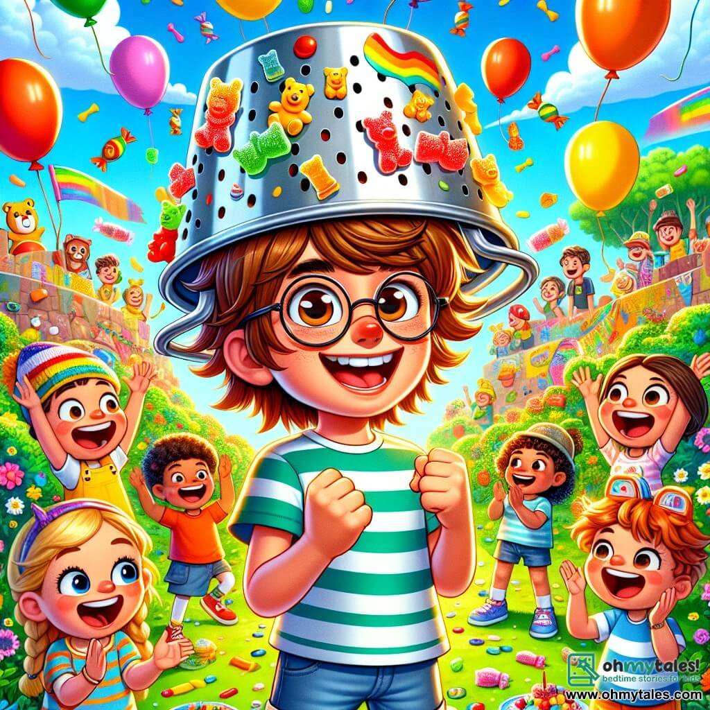 A 12-year-old boy, Oliver, with messy brown hair and round glasses, stands in the center of the image, grinning widely with sparkling eyes. He wears a colorful t-shirt and shorts, along with a colander helmet decorated with gummy bear drawings. Next to him, a 10-year-old girl, Mia, with braided blonde hair and a striped t-shirt, claps enthusiastically, her eyes shining with joy. She is surrounded by several children, all aged around 8 to 12, who look at Oliver with admiration and laugh, some holding candies. The setting is a sunny park filled with vibrant colors: lush green trees, bright flowers, and a blue sky dotted with fluffy white clouds. In the background, there is a large wall of colorful balloons ready to be popped. The main scene shows Oliver in his slingshot, ready to be launched backward through a whimsical course with fun obstacles like giant plastic ducks and jelly mountains, while confetti flies around him, creating a festive and joyful atmosphere.