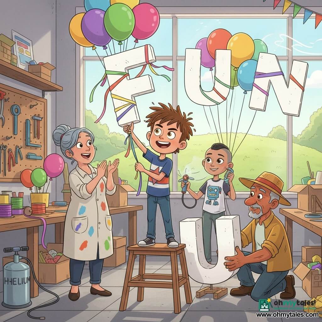 A 10-year-old boy with messy brown hair, glue-stained fingers and a determined grin stands on a small wooden ladder holding a large white foam letter decorated with colorful ribbons; a ~40-year-old woman (Mrs. Kemp) with blue-gray hair in a bun and a paint-stained work smock applauds at a workshop table to his left; an older man (Jojo, ~65) with tanned skin, callused hands and a straw hat crouches to his right securing another letter with a small wooden brace; a ~14-year-old girl (Maya) with one side shaved and a robot T-shirt holds a small electric propeller behind the ladder to direct the letters; the bright, cluttered fablab has large morning-lit windows, wooden tables with ribbon rolls, colorful balloons, foam boxes, hanging tools and a silver helium pump, and the final test shows several large white letters tied to multicolored balloons beginning to rise in a line over the hill visible through the window, garlands floating and ribbons fluttering in a joyful, vivid scene with warm, exaggerated expressions.