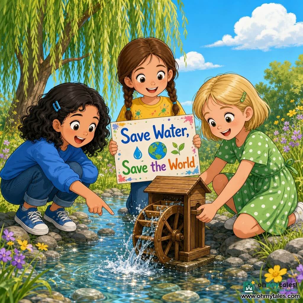 Three girls: a 9-year-old with brown braided hair in a paint‑splattered yellow T‑shirt smiling and holding a "Save Water, Save the World" sign at the center; an 8-year-old with short blonde hair in a green polka-dot dress kneeling on the right placing a small wooden watermill in the stream; a 9-year-old with curly black hair in a blue sweatshirt on the left pointing at the water turning the mill, face full of wonder. Setting: shallow clear river with sparkling water, gray round stones, grassy banks with yellow and purple wildflowers, a weeping willow in the background and a pale blue sky with a few fluffy clouds. Main scene: the friends watch the little watermill turn, the colorful sign is readable, sunlit splashes, joyful optimistic mood, bright colors, simple rounded lines, composition centered on the mill and their happy faces.