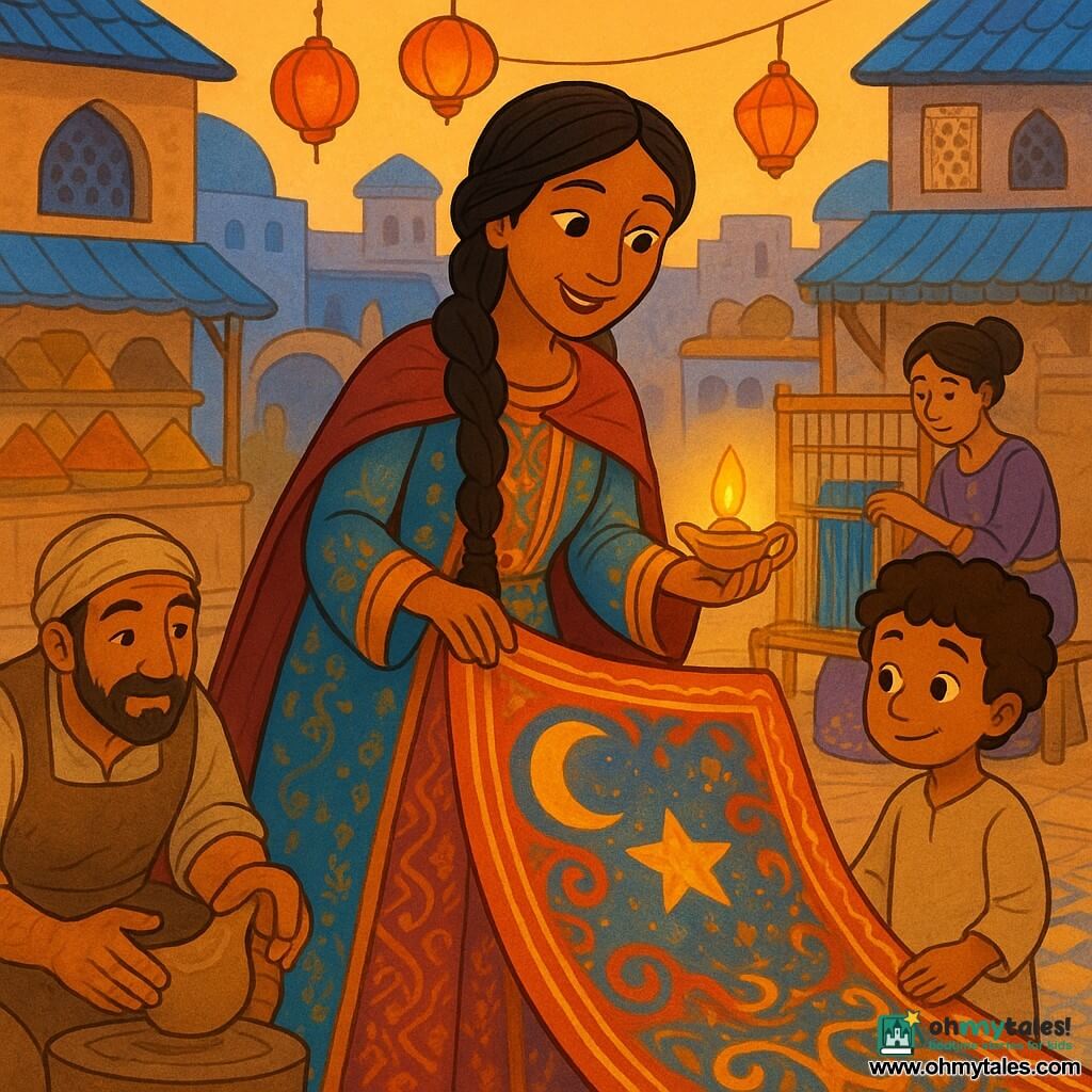 A kind smiling woman with warm skin and braided black hair, wearing a long colorful oriental-patterned dress and light cloak, holds a glowing oil lamp in her left hand and unrolls a large warm-toned tapestry-carpet that gently lights up; a shy curly-haired boy of about seven stands to her right in the foreground placing a small ordinary pebble on the carpet; a fifty-year-old potter with clay-stained hands and apron crouches to the left holding a clay moon awaiting stitching; behind the woman a forty-year-old weaver with her hair in a bun works the loom with a shuttle of blue and gold threads; the scene is an open square with blue-tiled houses and carved mashrabiya, a stone fountain, spice stalls, hanging lanterns and floor mosaics at golden dusk, artisans and the boy gathered around the glowing tapestry showing colorful threads, a clay moon and a glass star, creating a warm magical atmosphere evoking One Thousand and One Nights.
