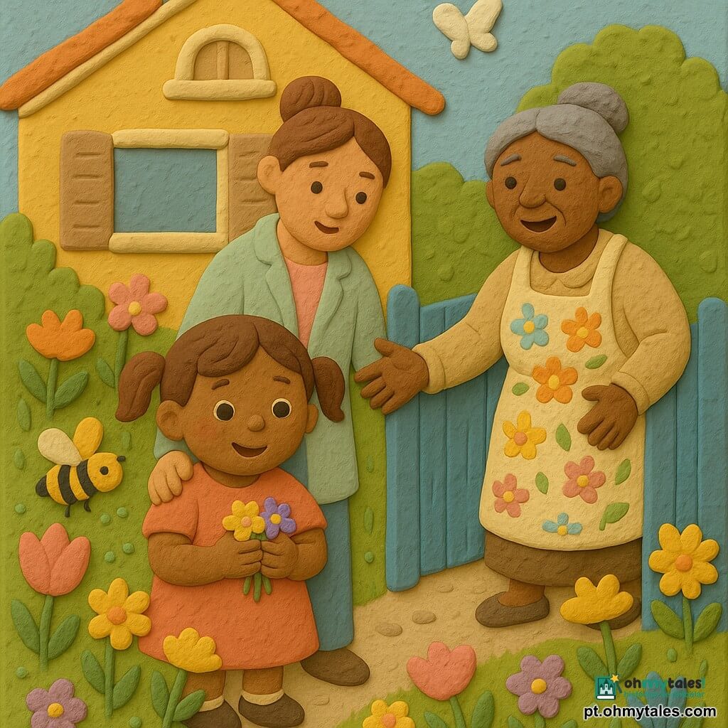 Menina de 4 anos, rosto redondo e bochechas rosadas, cabelos castanhos em rabo de cavalo curto, olhar maravilhado e sorriso tímido, segurando três pequenas flores coloridas; mãe de ~30 anos, cabelo preso em coque, casaco pastel, atrás da menina com a mão no ombro, expressão doce e protetora; avó de ~70 anos, cabelo grisalho preso, avental florido, abrindo um portão de madeira e estendendo as mãos para receber as flores; um zangão amarelo e preto e uma pequena borboleta branca voam próximos, ambos em estilo modelado com textura visível; cenário: jardim primaveril diante de uma casa com cascalho claro, canteiros de flores rosas, amarelas e violetas, relva com gotas de orvalho e portão azul com pintura descascada; ação principal: a menina oferece as três flores à avó no limiar do portão, mãe observa, atmosfera luminosa, cores suaves e texturas arredondadas.