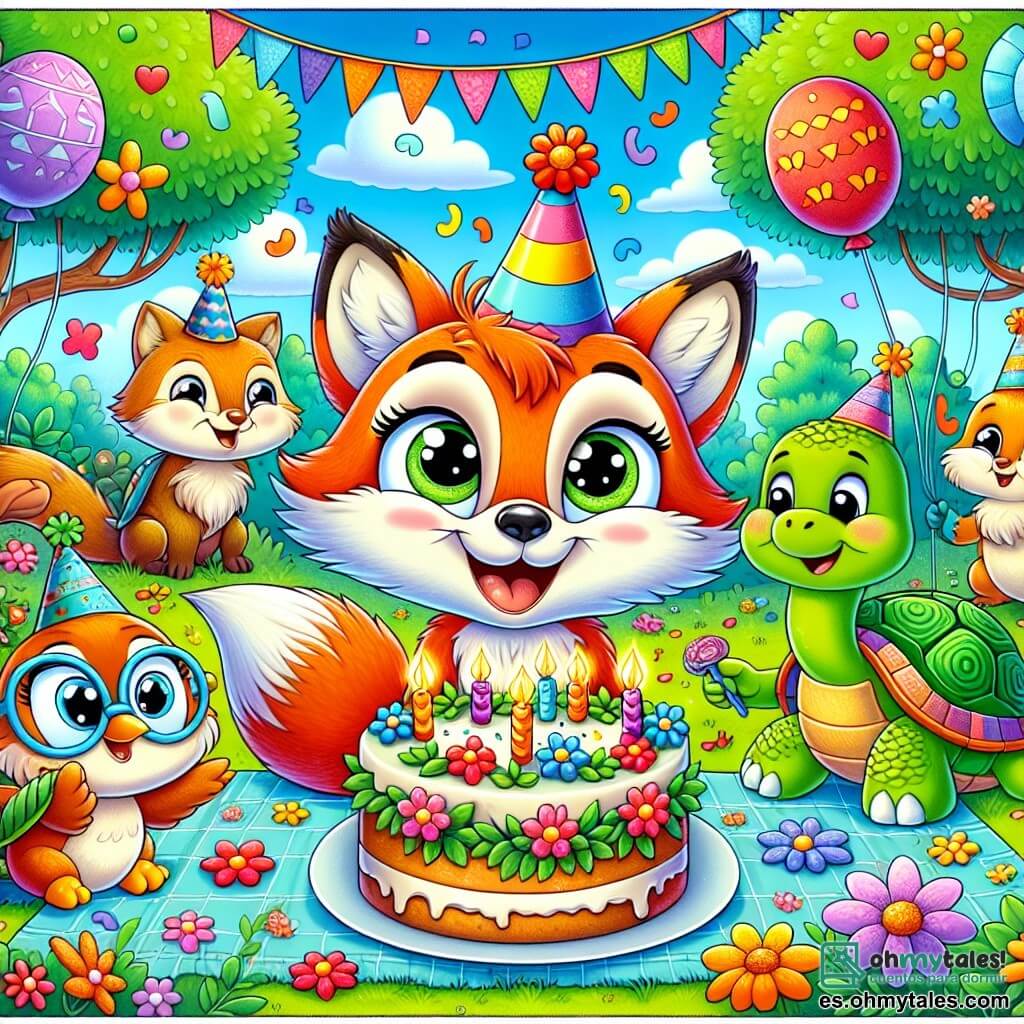 Ilustración que representa a un pequeño zorro travieso, con un pelaje naranja brillante y ojos chispeantes de alegría. Lleva un pequeño sombrero de fiesta colorido y sonríe ampliamente, sosteniendo un pastel decorado con flores como velas, rodeado de sus amigos. Un pequeño pájaro de plumas azules y amarillas, posado en una rama, observa con emoción, sus ojos brillando de curiosidad, listo para cantar una canción de cumpleaños. Una tortuga sabia, con un caparazón verde adornado con patrones coloridos, está cerca del zorro, sonriendo orgullosamente mientras sostiene un plato de deliciosas zanahorias. El lugar principal es un parque soleado, lleno de flores brillantes de todos los colores, con árboles majestuosos que ofrecen sombra. Guirnaldas de globos flotan en el aire, y una gran alfombra de hierba invita a la fiesta. La situación principal muestra al zorro celebrando su cumpleaños rodeado de sus amigos, todos alegres y listos para compartir este momento especial. Risas y voces resuenan, mientras el pastel se encuentra en el centro, iluminado por flores coloridas. Otros elementos gráficos incluyen globos multicolores flotando en el cielo, confeti cayendo suavemente a su alrededor, y un ambiente festivo lleno de alegría y amistad.