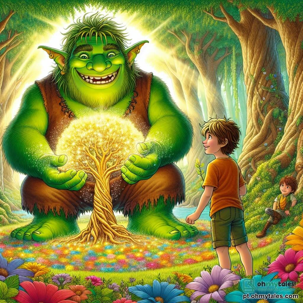 Um grande ogro verde chamado Grunfo está no centro do palco, com grandes orelhas pontudas e um sorriso amigável. Seus olhos brilham de alegria e excitação enquanto ele protege uma majestosa árvore mágica com folhas brilhantes de todas as cores do arco-íris. Ao seu lado, um garoto de 8 anos chamado Léo, com cabelos castanhos e olhos brilhantes, admira a árvore, segurando sementes nas mãos. Léo está vestido com uma camiseta colorida e um short, e se mantém um pouco atrás, pronto para ajudar seu amigo ogro. A cena se passa em uma floresta encantada, onde as árvores são altas e majestosas, e flores vibrantes cobrem o chão. Raios de sol passam pelo dossel, criando uma atmosfera mágica e acolhedora. A situação principal mostra Grunfo e Léo unidos, protegendo-se juntos contra uma tempestade repentina, com folhas rodopiando ao redor deles, ilustrando sua coragem e amizade diante da adversidade.