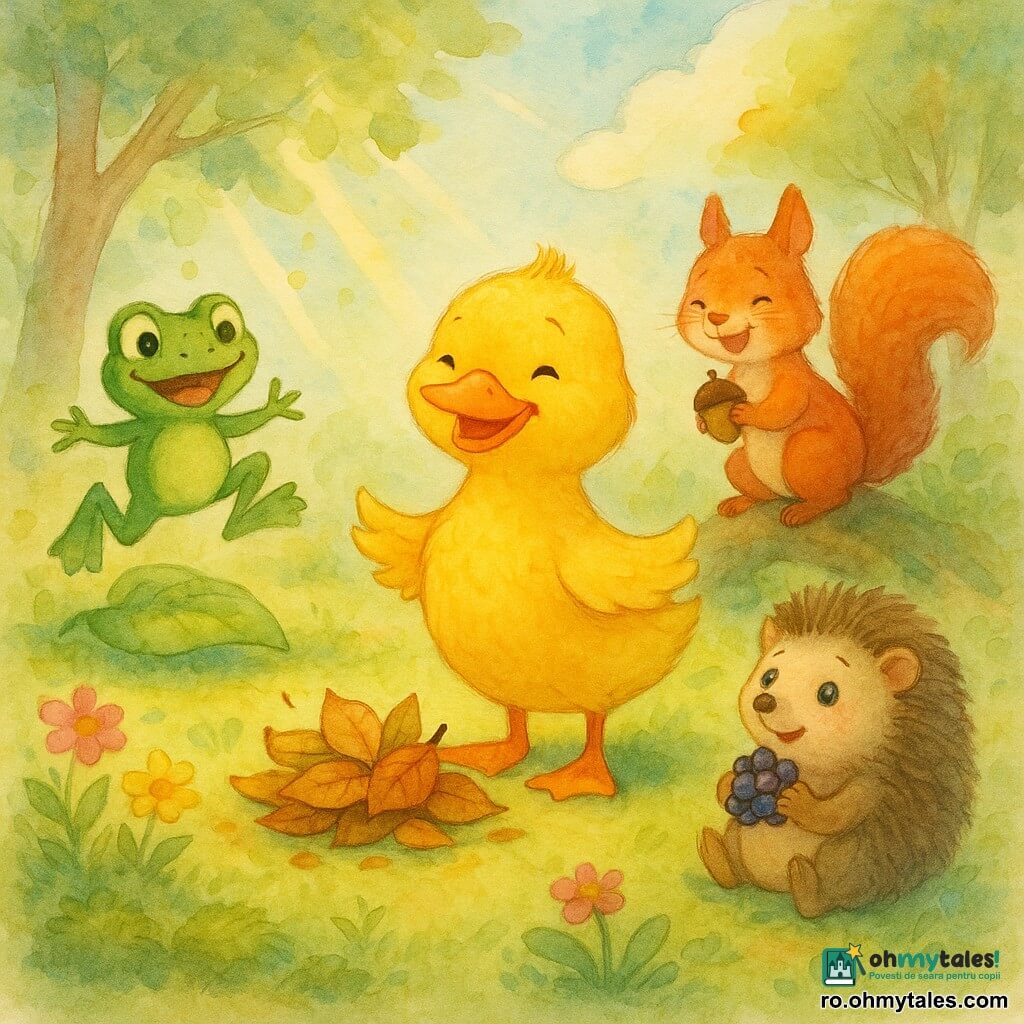 Un rățușcă galbenă strălucitoare (Ducu), zâmbitoare și mândră, pene moi, aripi ușor desfăcute, lângă o grămadă de frunze ca și cum ar fi descoperit-o, o broască verde veselă (Toto) săltând pe o frunză la stânga, o veveriță roșcată curioasă (Mina) cu o ghindă cocoțată pe o rădăcină joasă, un arici mic cu țepi moi (Roco) ținând o minge de fructe de pădure lângă grămada de frunze, toți prieteni adunați în luminișul pădurii cu iarbă moale, mușchi și flori, sub raze de soare care străpung crengile.